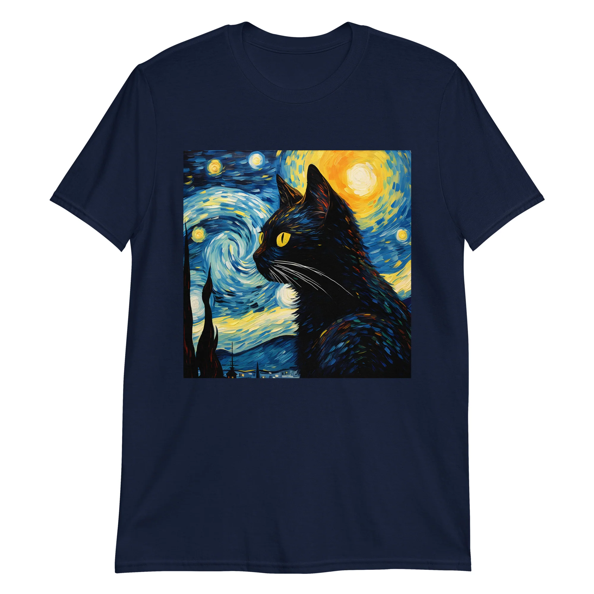 A Starry Black Cat Night Van Gogh T-Shirt - Image 2