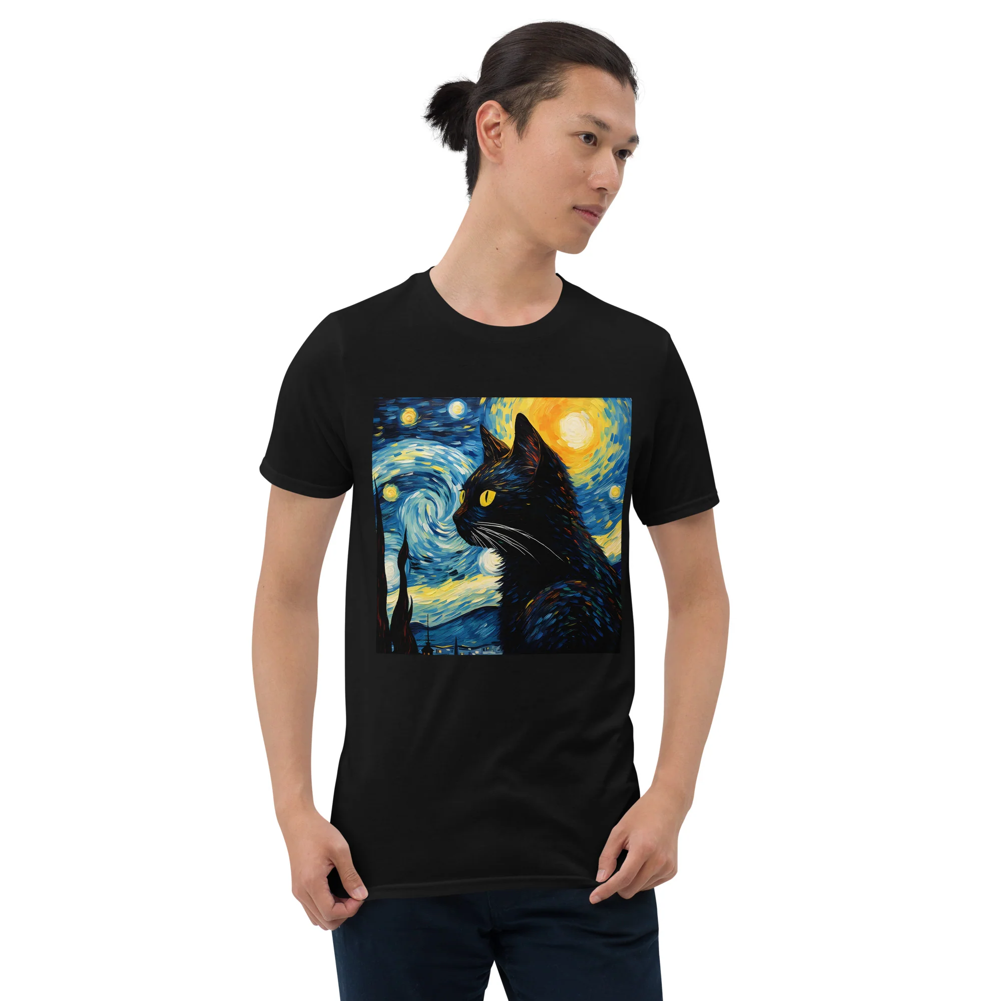 A Starry Black Cat Night Van Gogh T-Shirt - Image 4