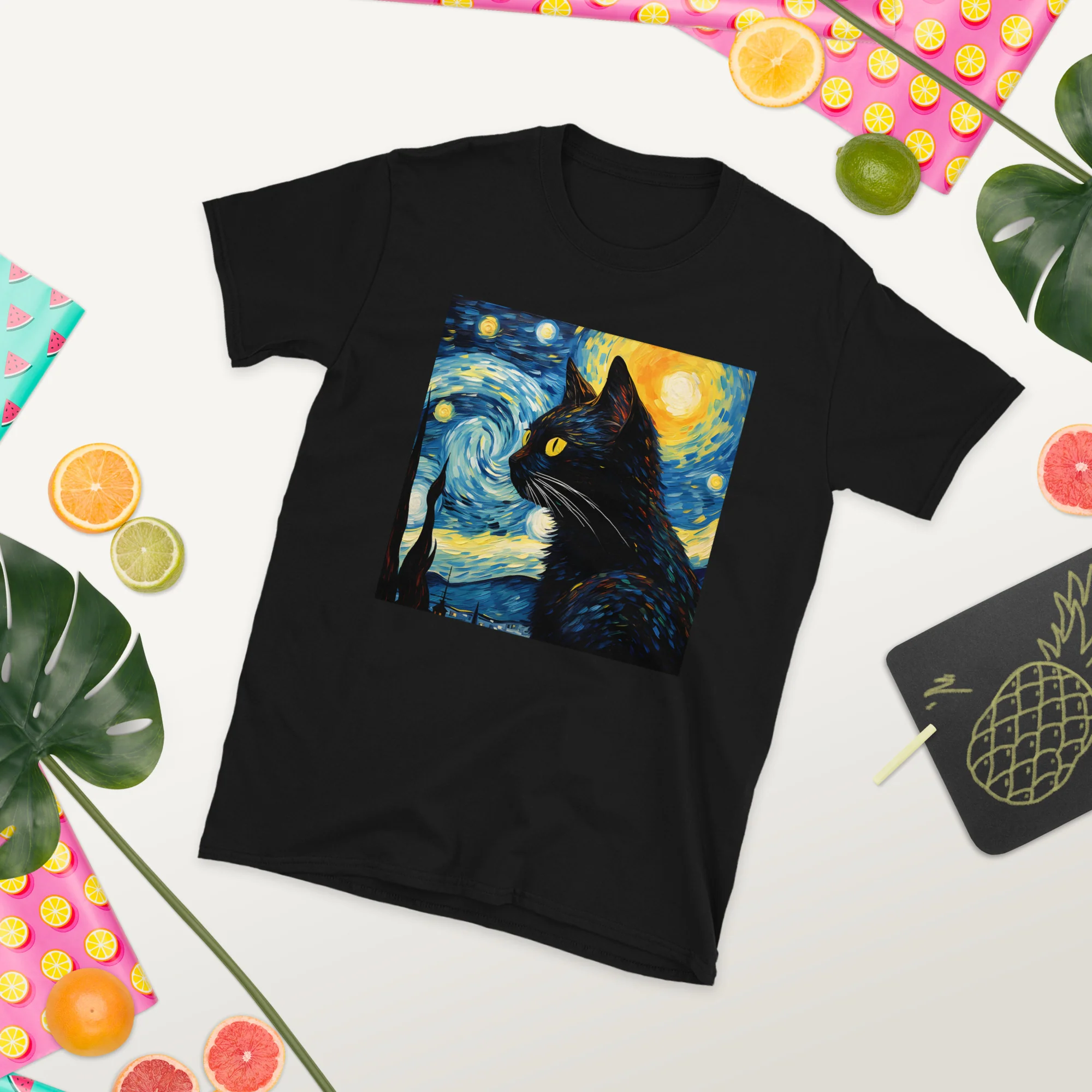 A Starry Black Cat Night Van Gogh T-Shirt - Image 5