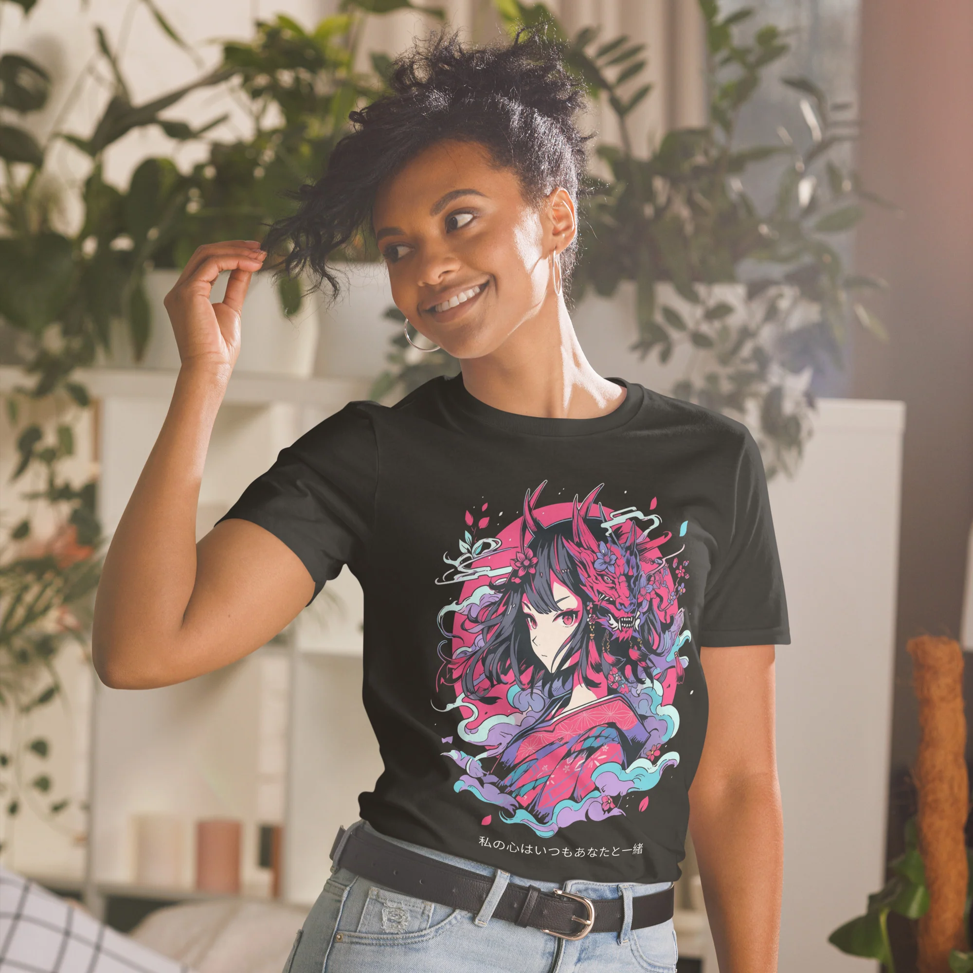Anime Girl with Dragon Mask T-Shirt - Image 2