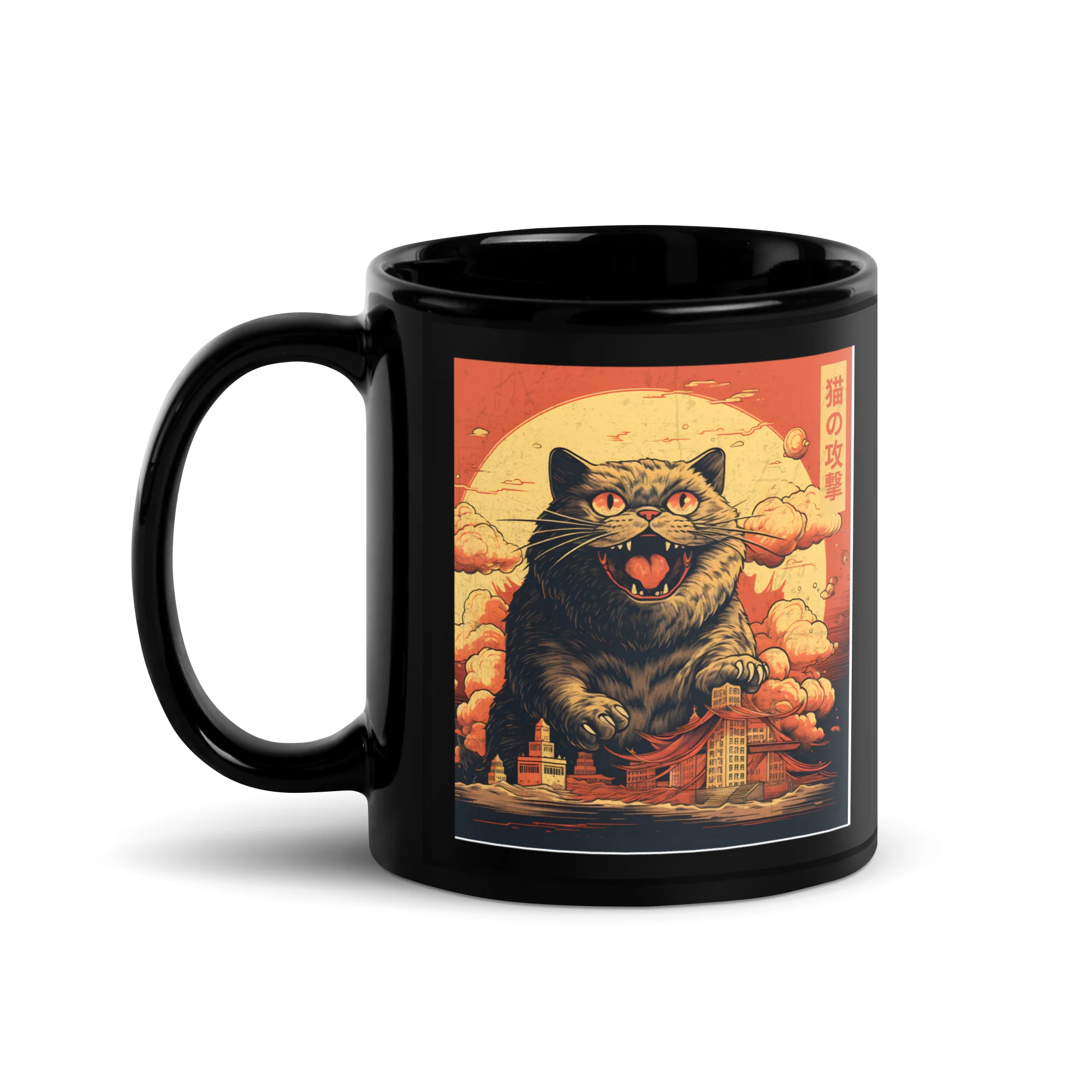 Attack of Cat Ukiyo-e Feline Invasion Black Mug - Image 2