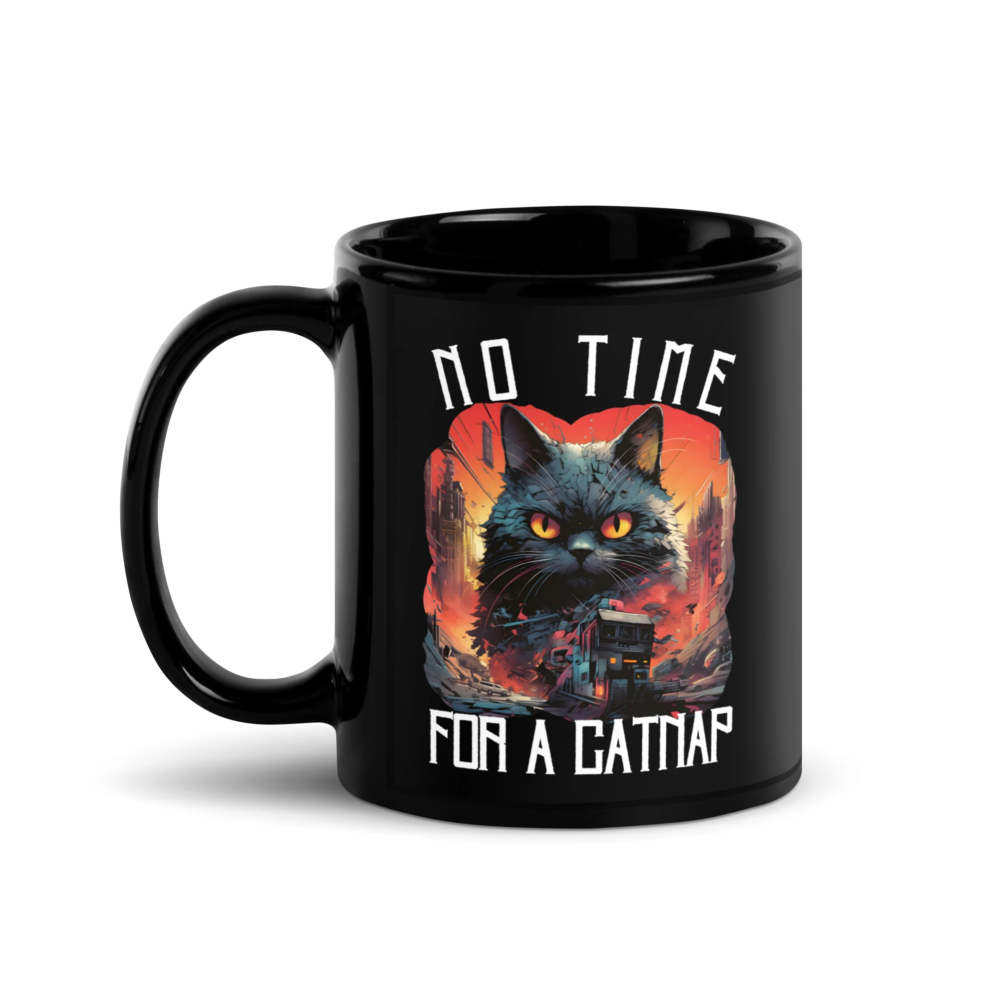 Cat Dystopia No Time for a Catnap Black Mug - Image 2