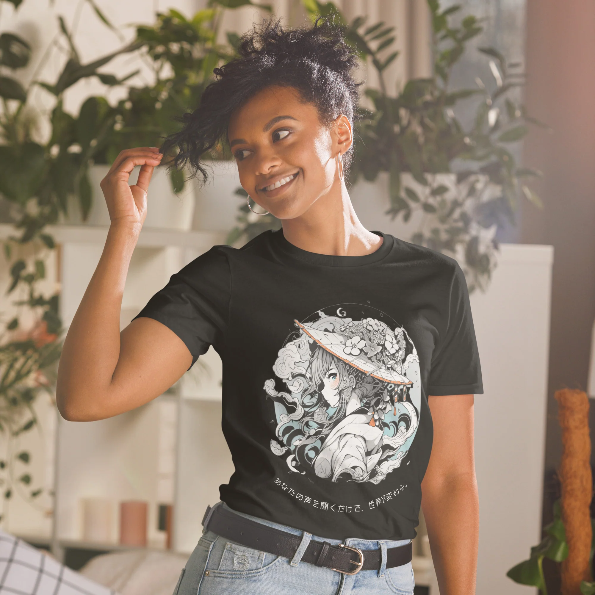 Elegant Anime Lady with Abstract Shapes T-Shirt - Image 2