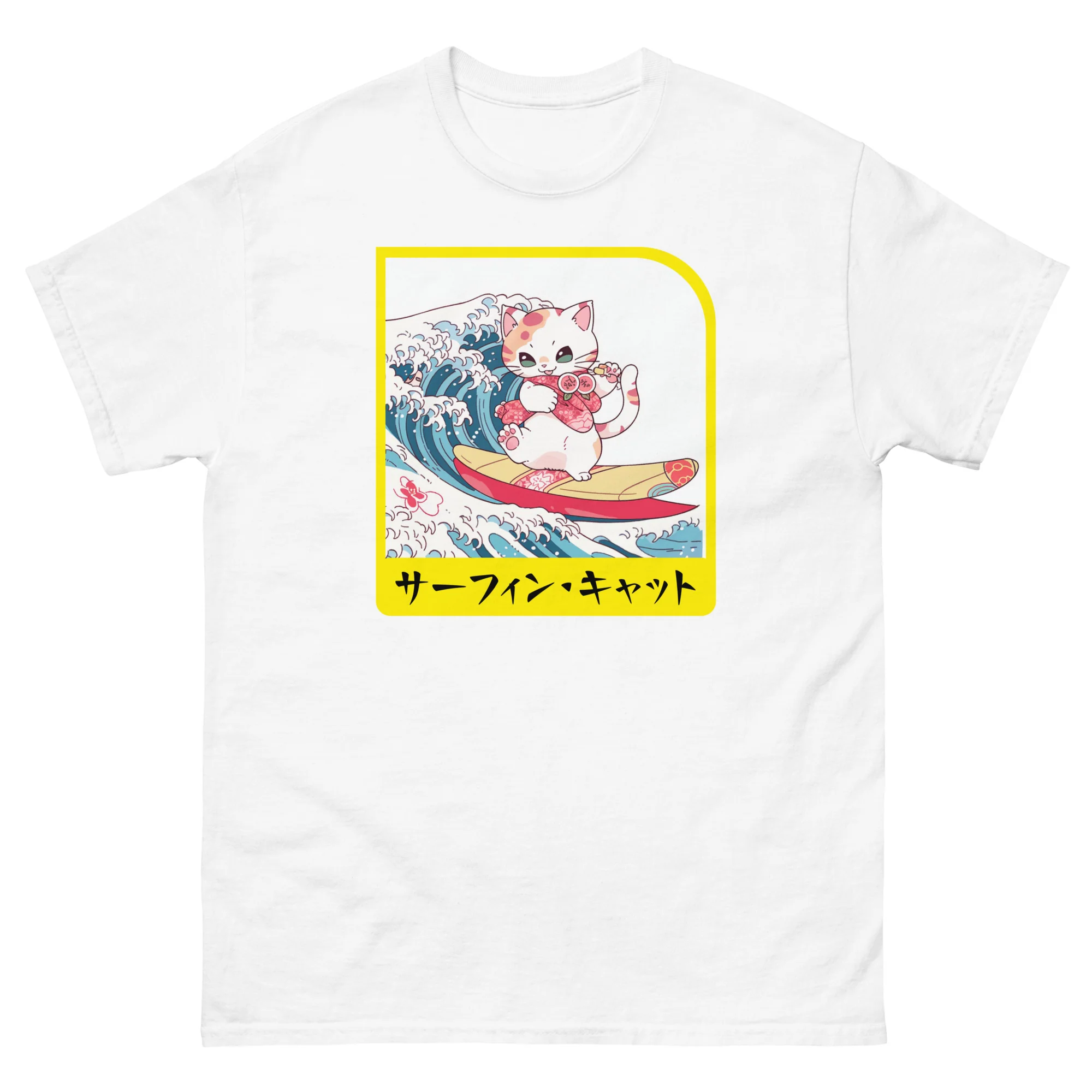 Hang Ten Kitty - Surfing Cat in Japanese Short-Sleeve Unisex T-Shirt - Image 13