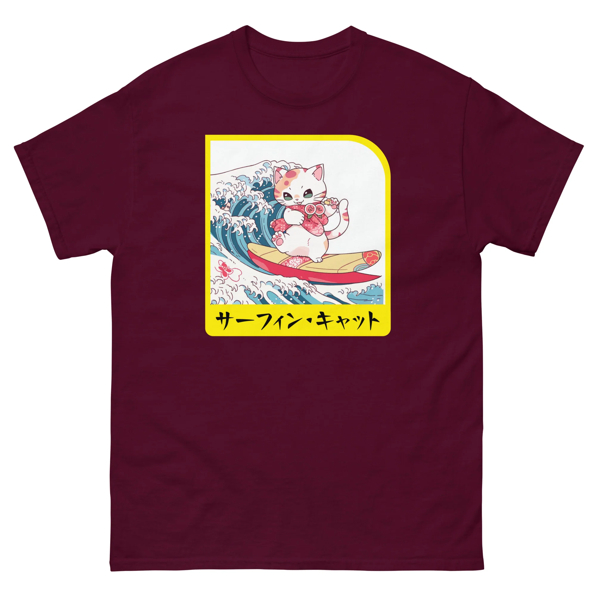 Hang Ten Kitty - Surfing Cat in Japanese Short-Sleeve Unisex T-Shirt - Image 2