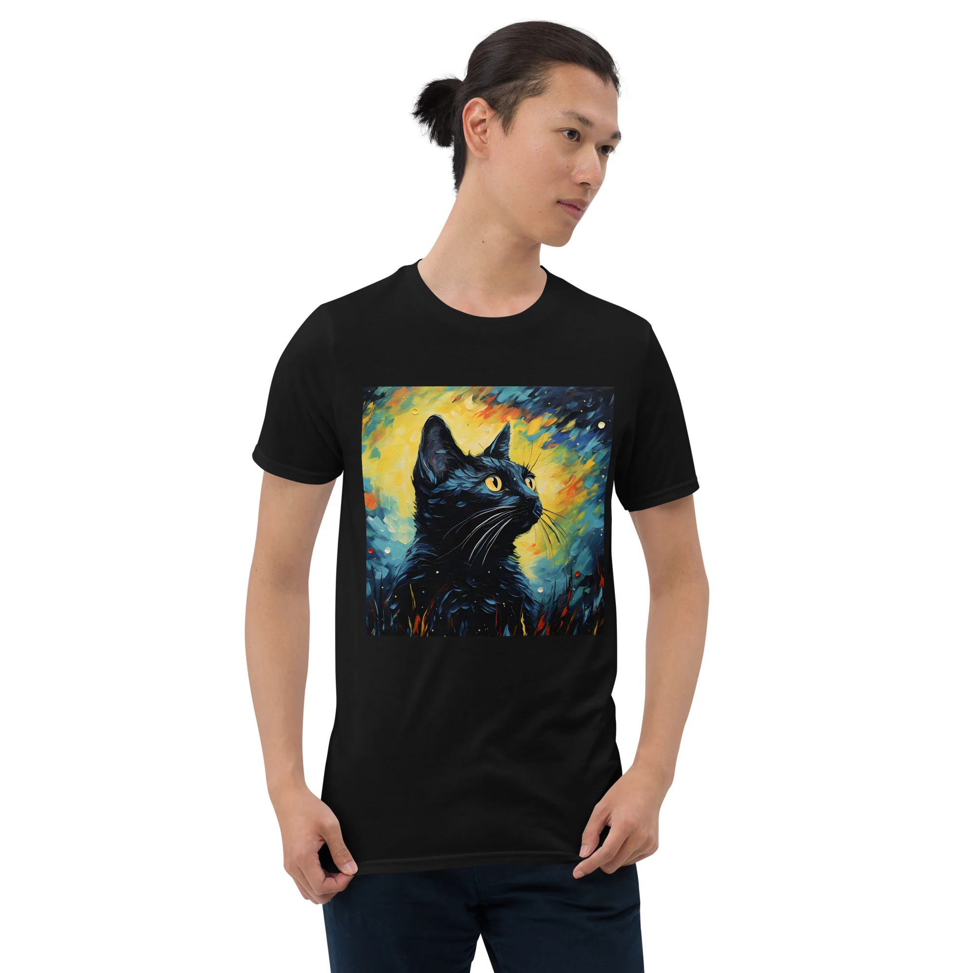 Impressionist Black Cat Night T-Shirt - Image 4