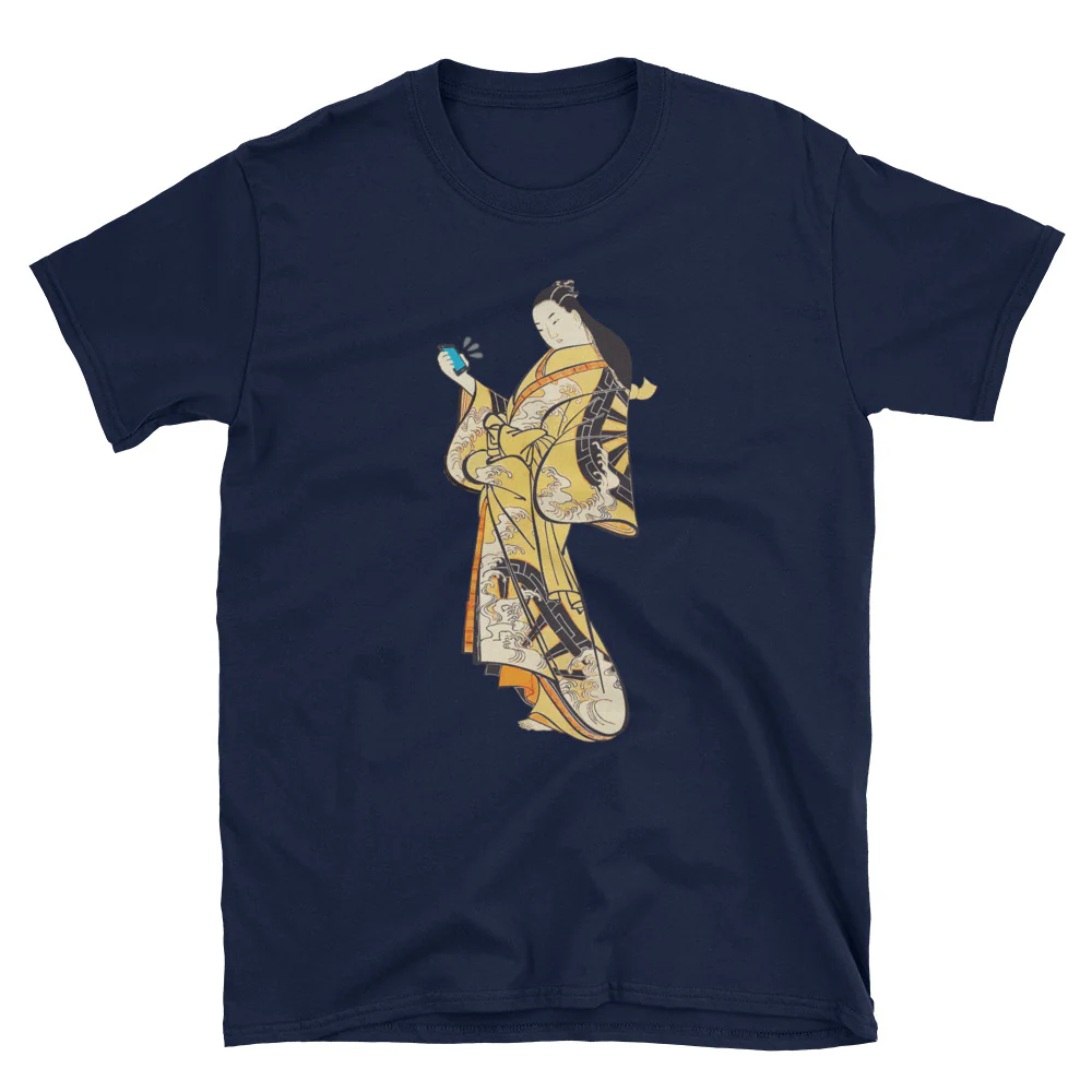 Japanese Bijin Ukiyoe in Kimono with Smart Phone Short-Sleeve Unisex T-Shirt - Image 3