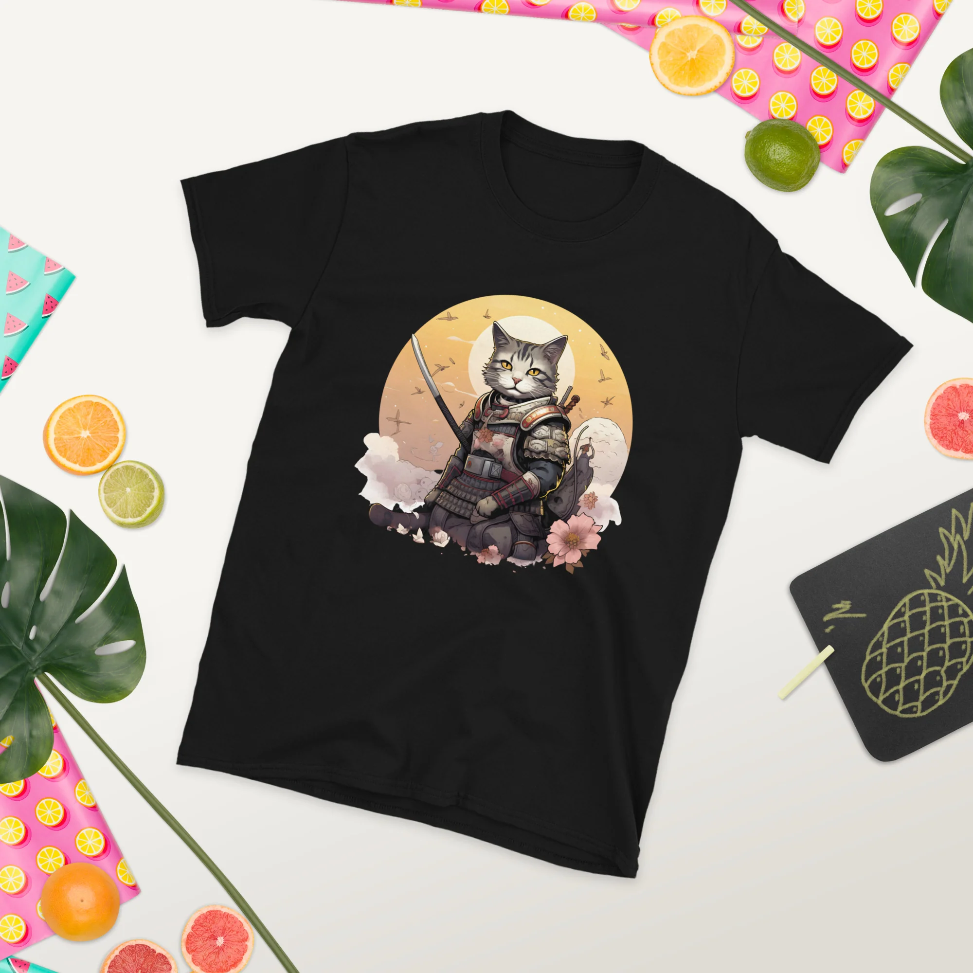 Japanese Samurai Cat Kawaii Manga Neko T-Shirt - Image 5
