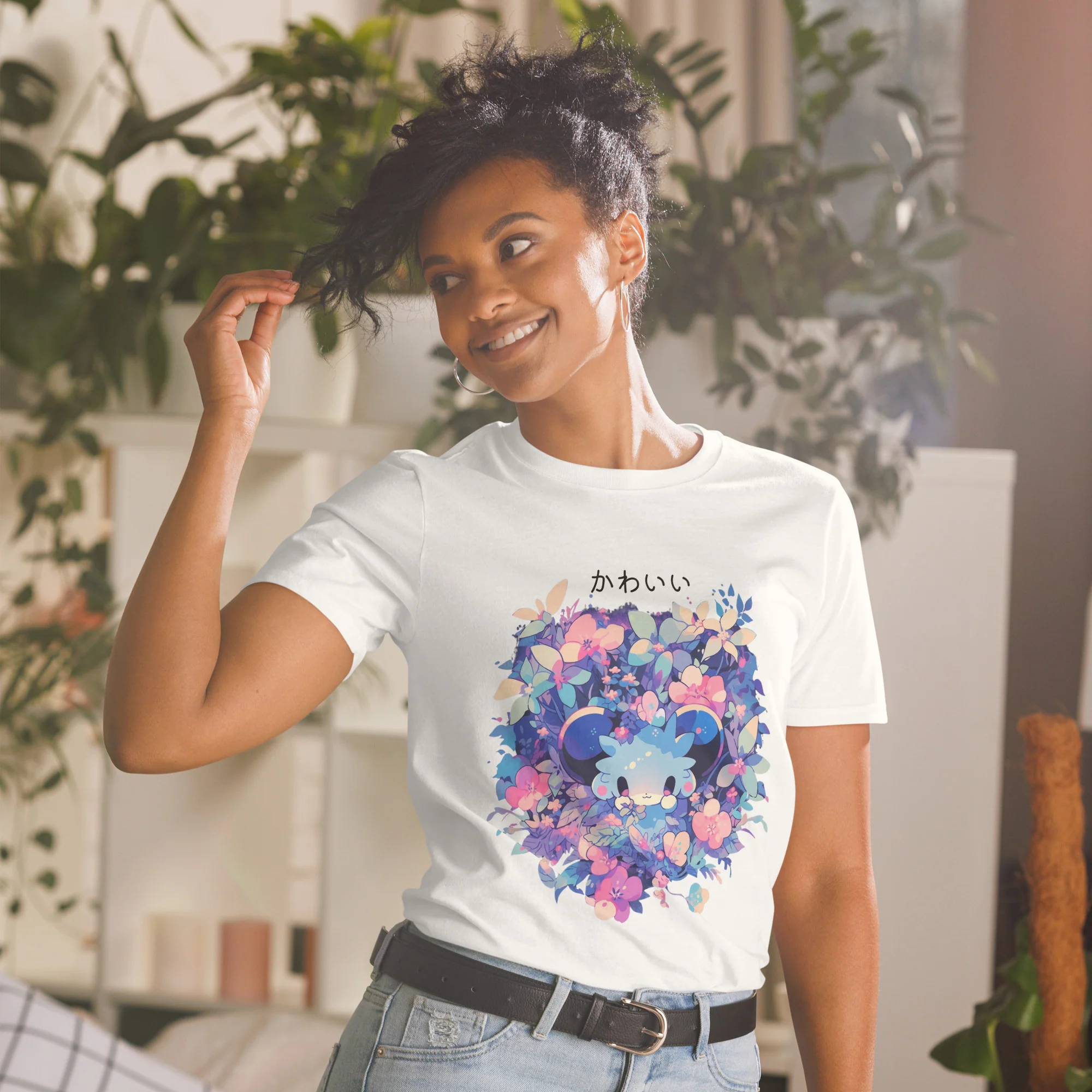 Kawaii Anime Mouse in Colorful Flowers T-Shirt - Image 2