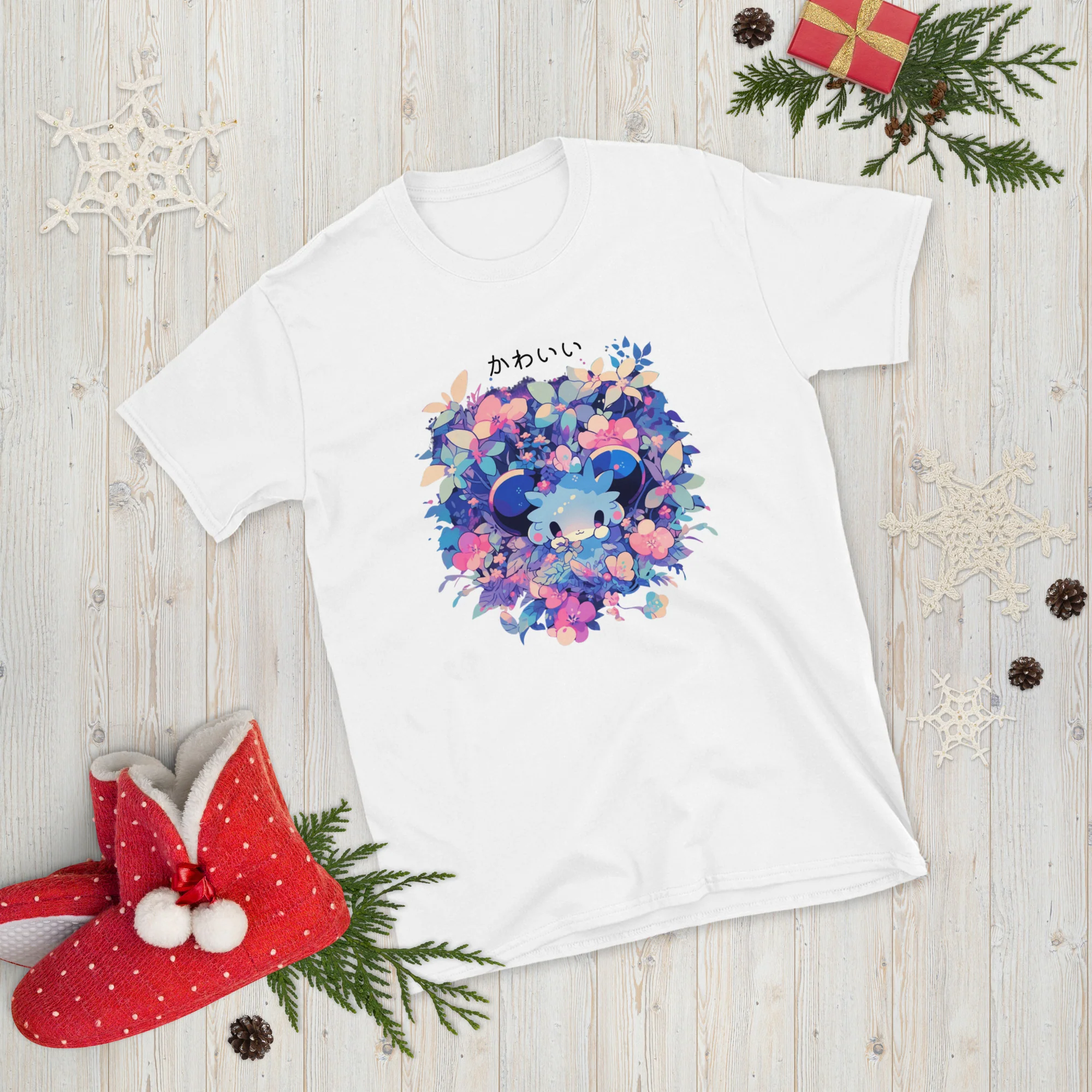 Kawaii Anime Mouse in Colorful Flowers T-Shirt - Image 3