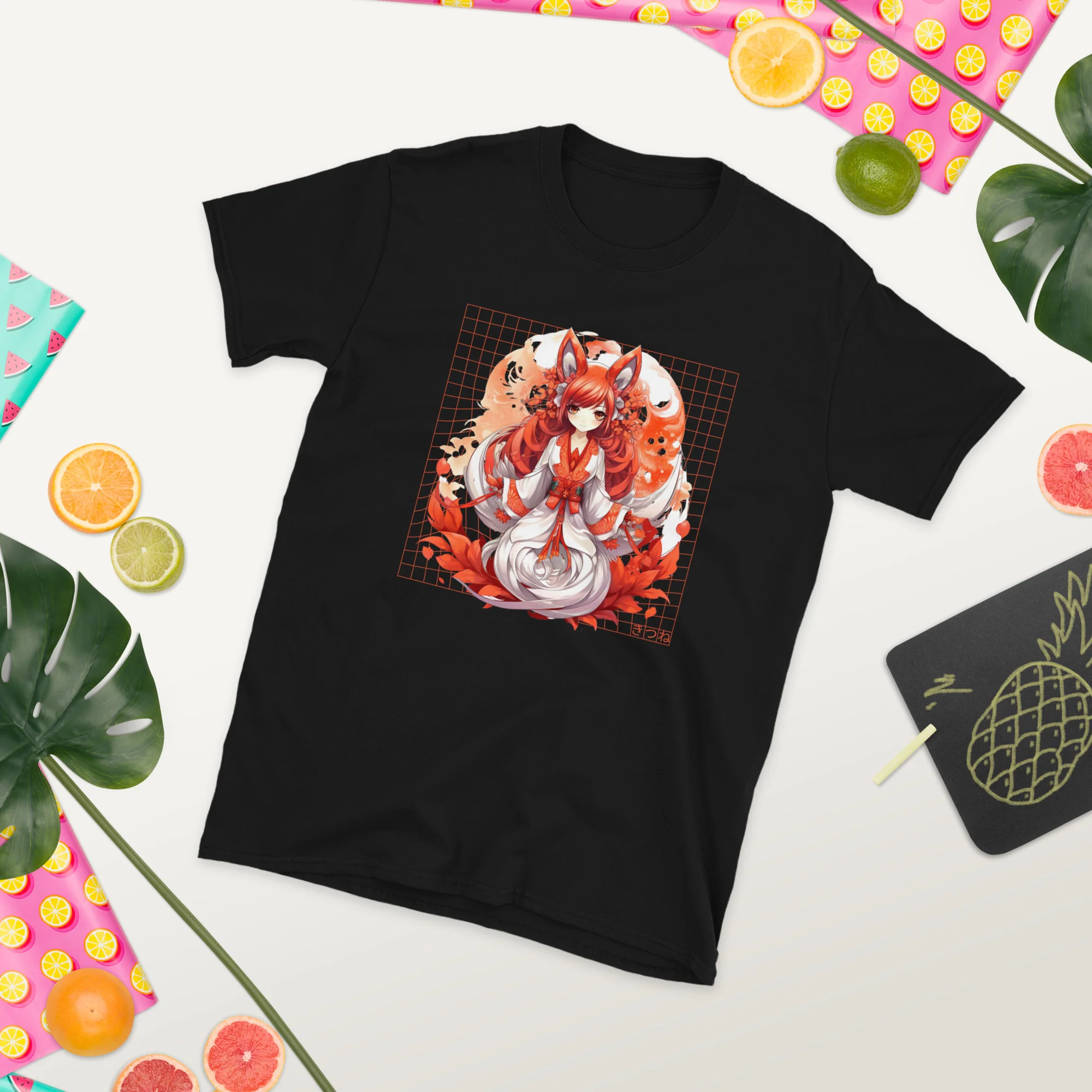 Kitsune Girl Anime: Swirling Leaves T-Shirt - Image 3