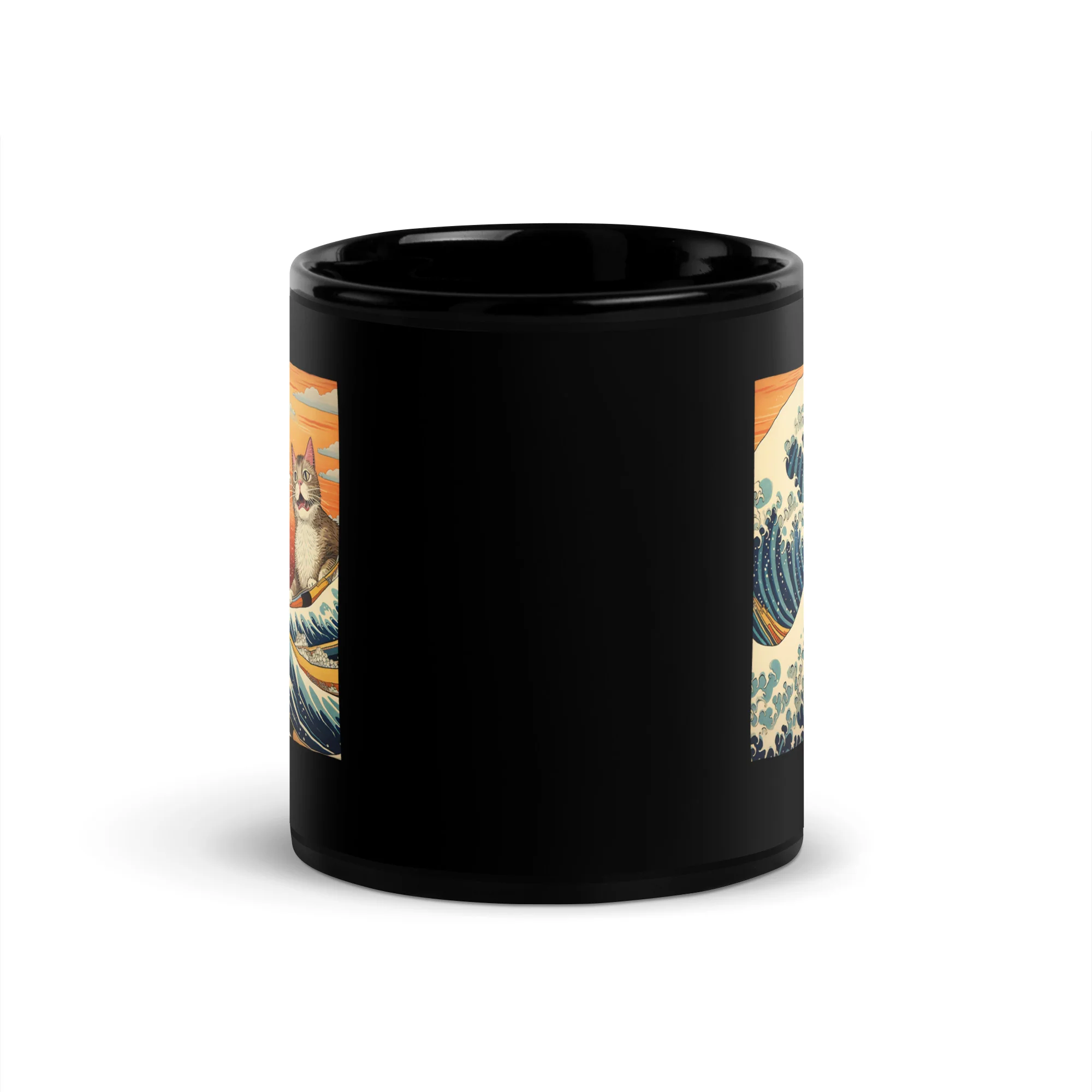 Meowing Edo Cat Ukiyo-e Surfer Black Mug - Image 3