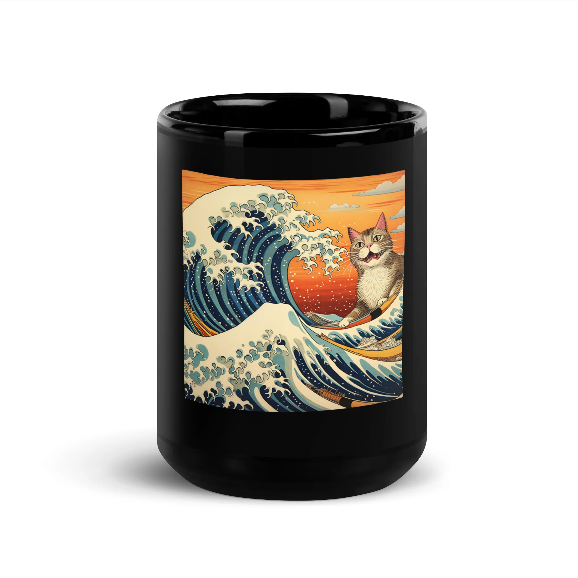 Meowing Edo Cat Ukiyo-e Surfer Black Mug - Image 6