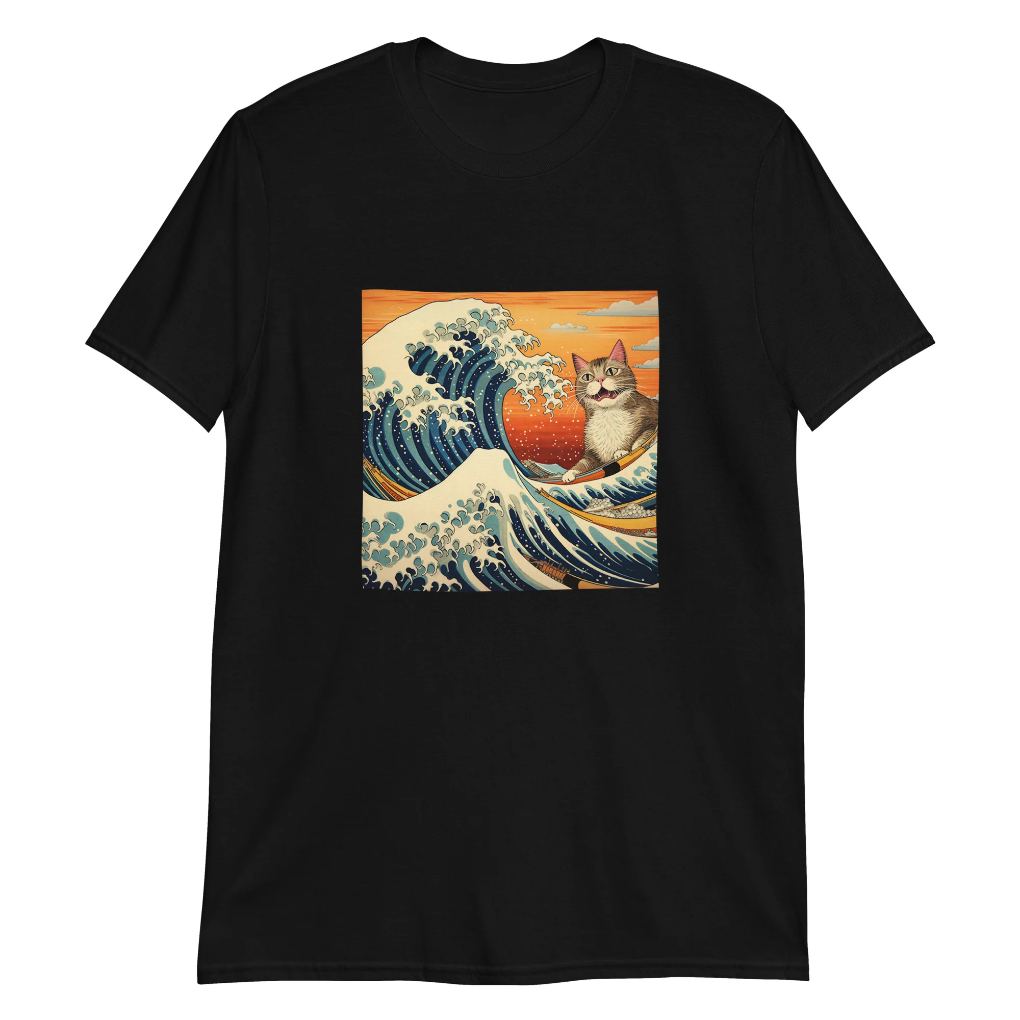 Meowing Edo Cat Ukiyo-e Surfer T-Shirt - Image 2