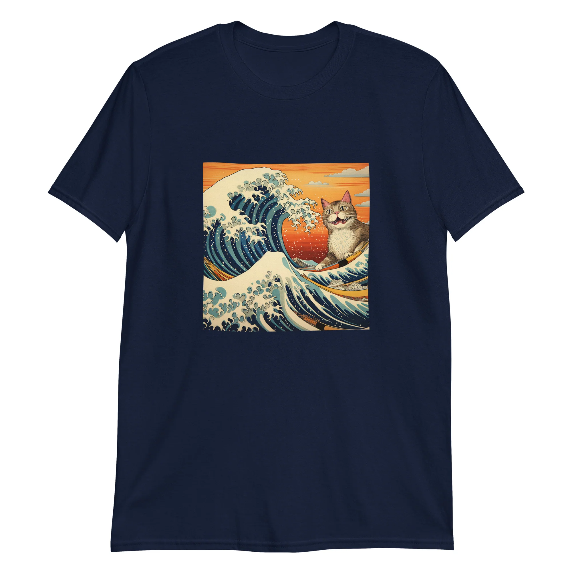 Meowing Edo Cat Ukiyo-e Surfer T-Shirt - Image 3