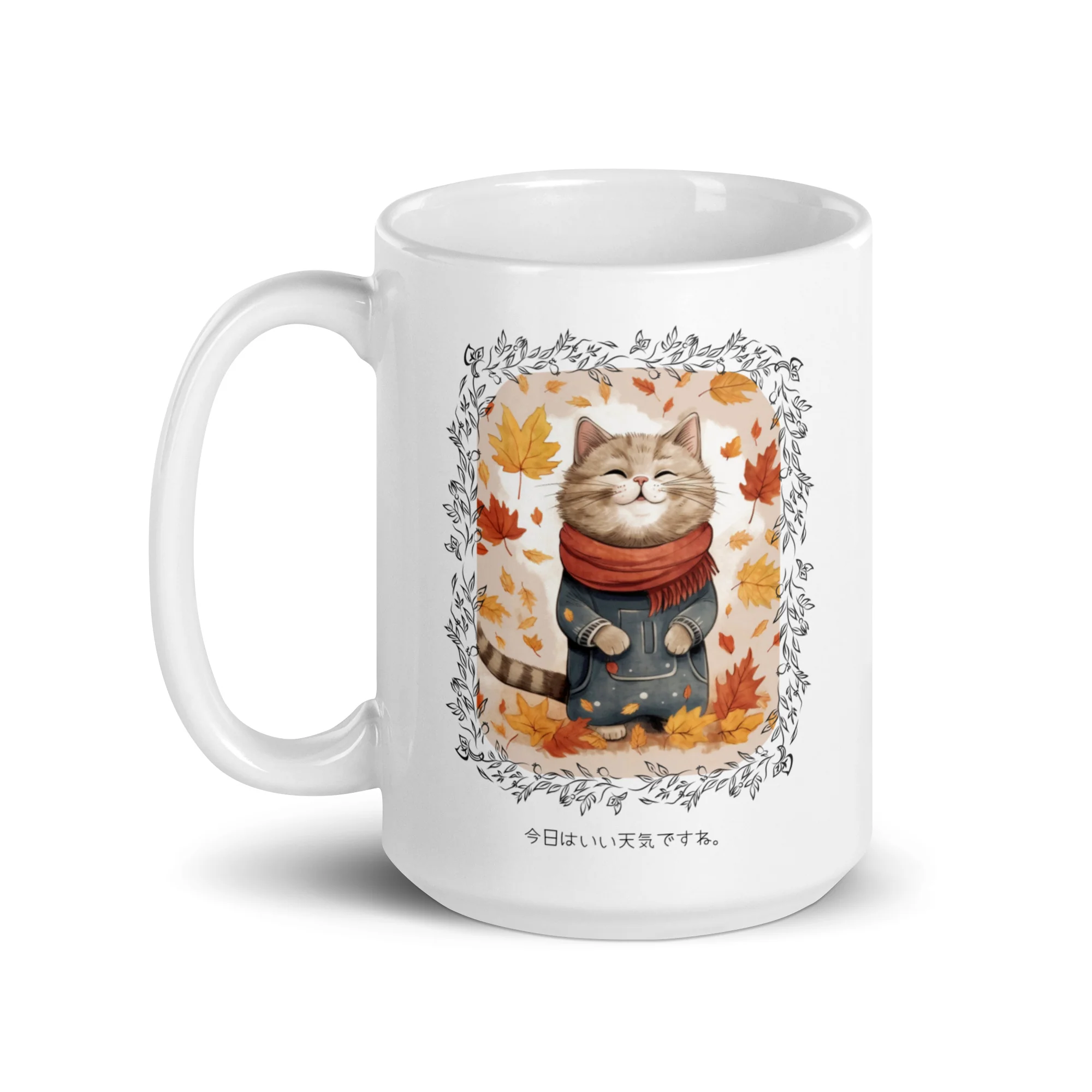 Nice Weather Cat Enjoying Autumn Leaves White Mug - Image 2