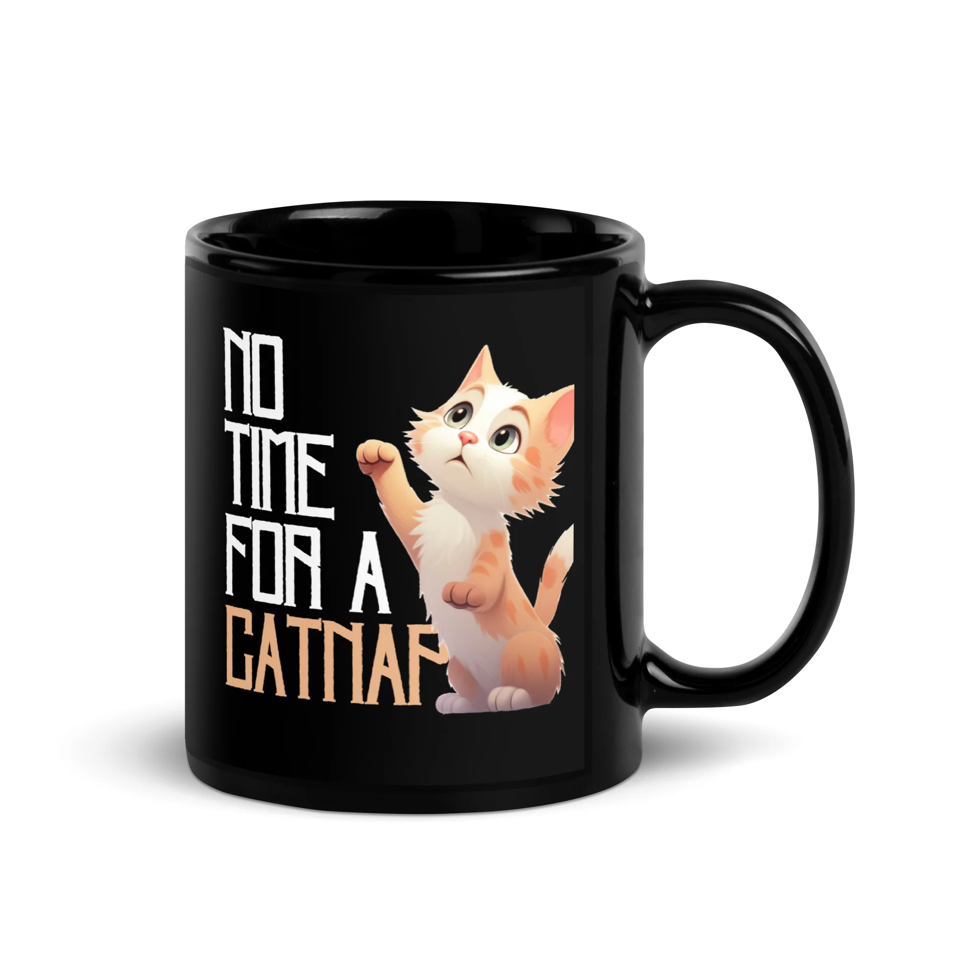 No Time for a Catnap Adorable Kitty Black Mug
