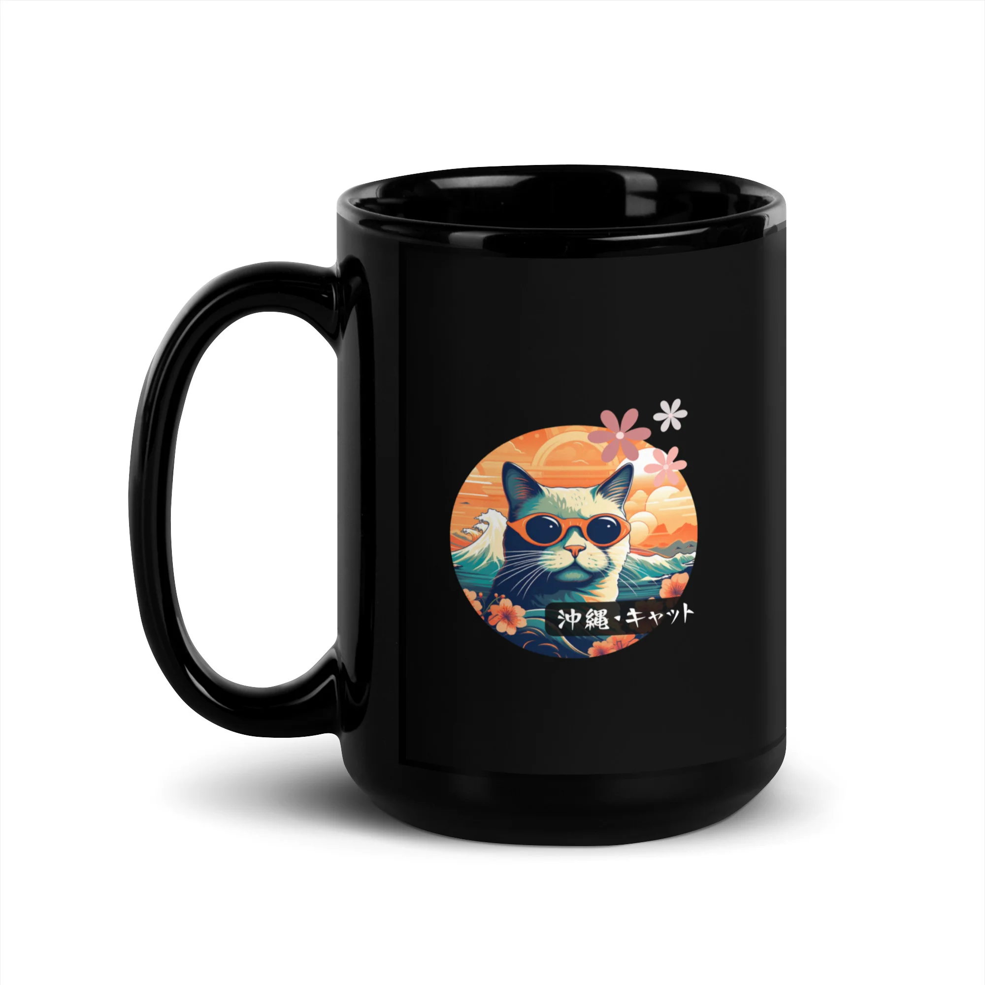 Okinawan Sunny Shades Kitty Black Glossy Mug - Image 2