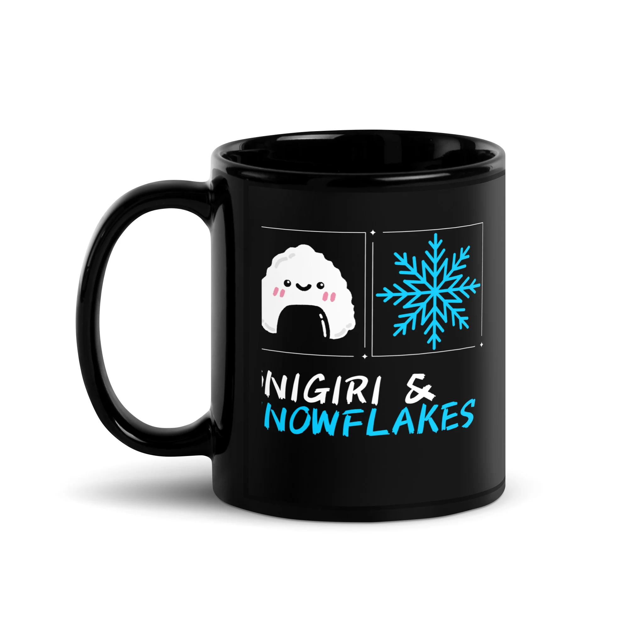 Onigiri and Snowflakes Black Mug - Image 2