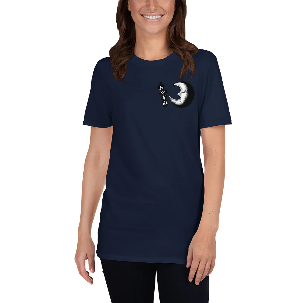 Oyasumi Good Night in Japanese with a Sleepy Half Moon Short-Sleeve Unisex T-Shirt - Image 3
