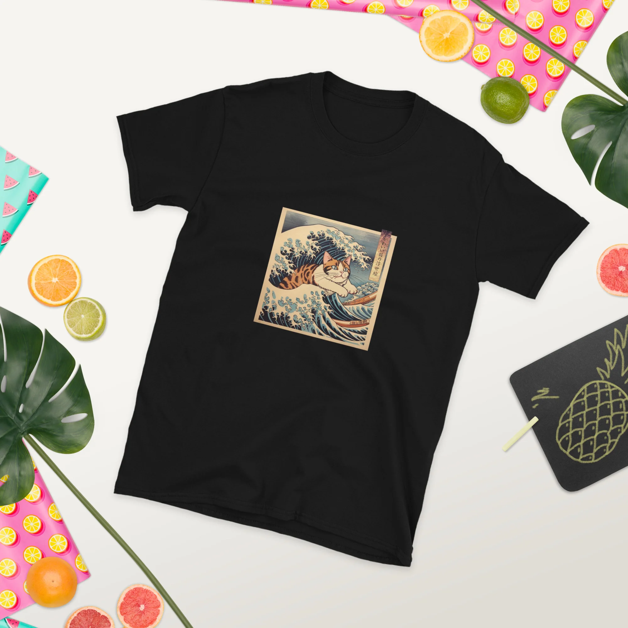 Riding the Wave - Ukiyo-e Cat Art T-Shirt - Image 5