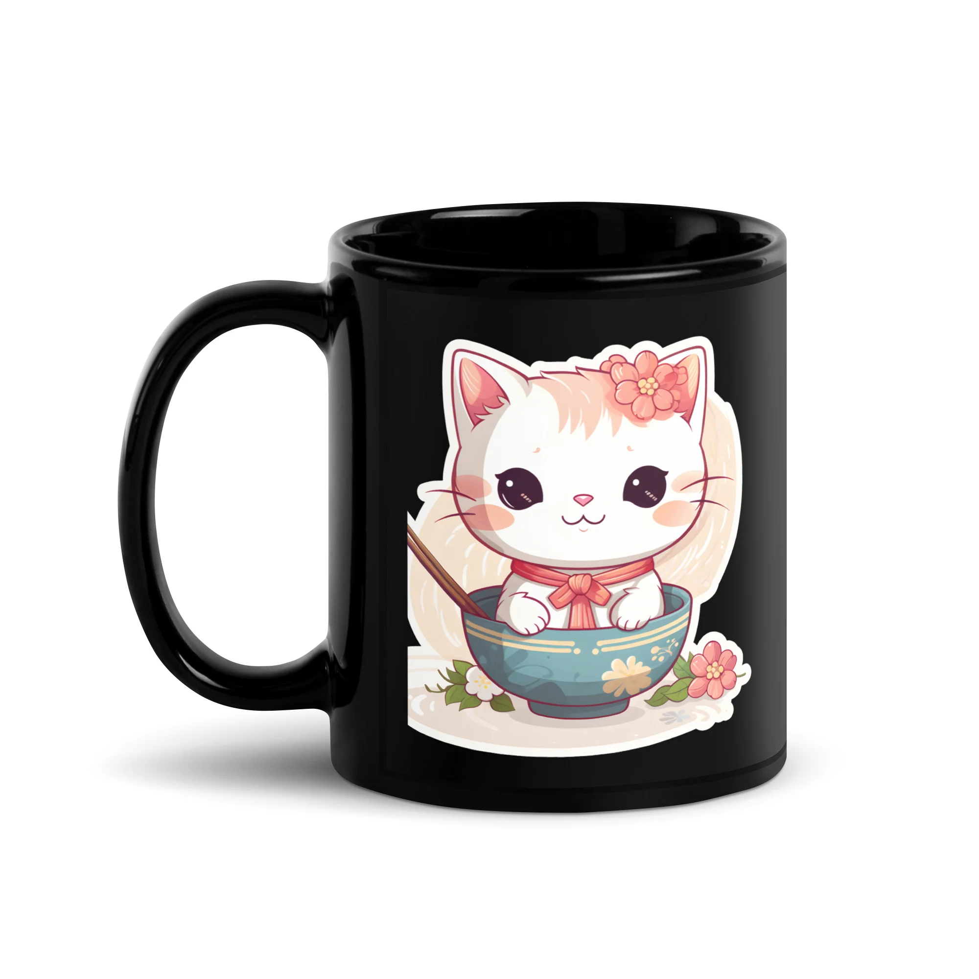 Sorry, No Ramen: Anime Cat in Bowl Black Mug - Image 2