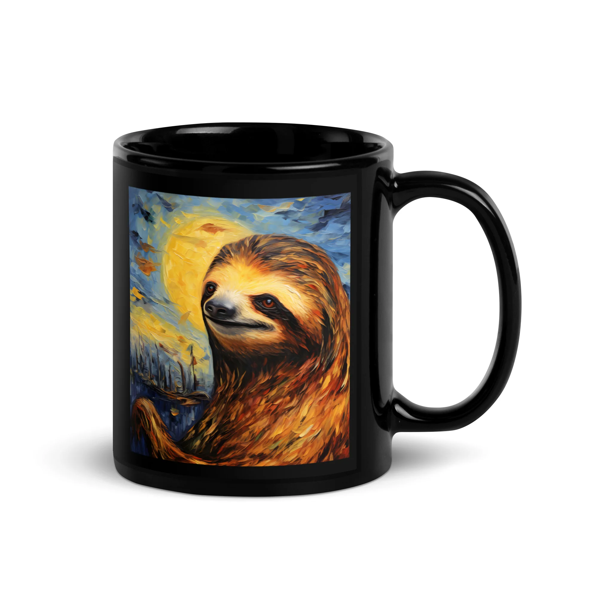 Starry Sloth Night: Impressionist Dream Black Mug
