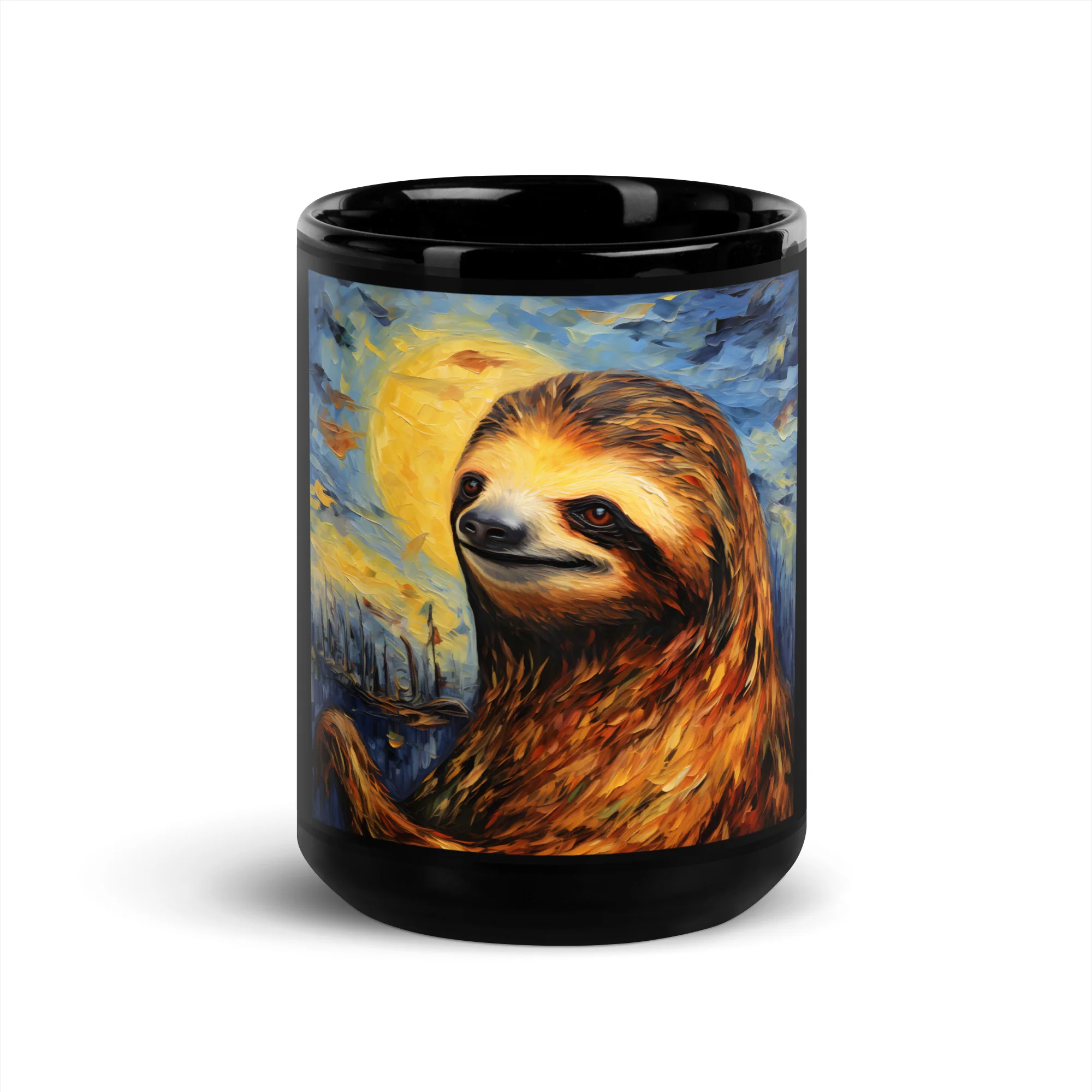 Starry Sloth Night: Impressionist Dream Black Mug - Image 6