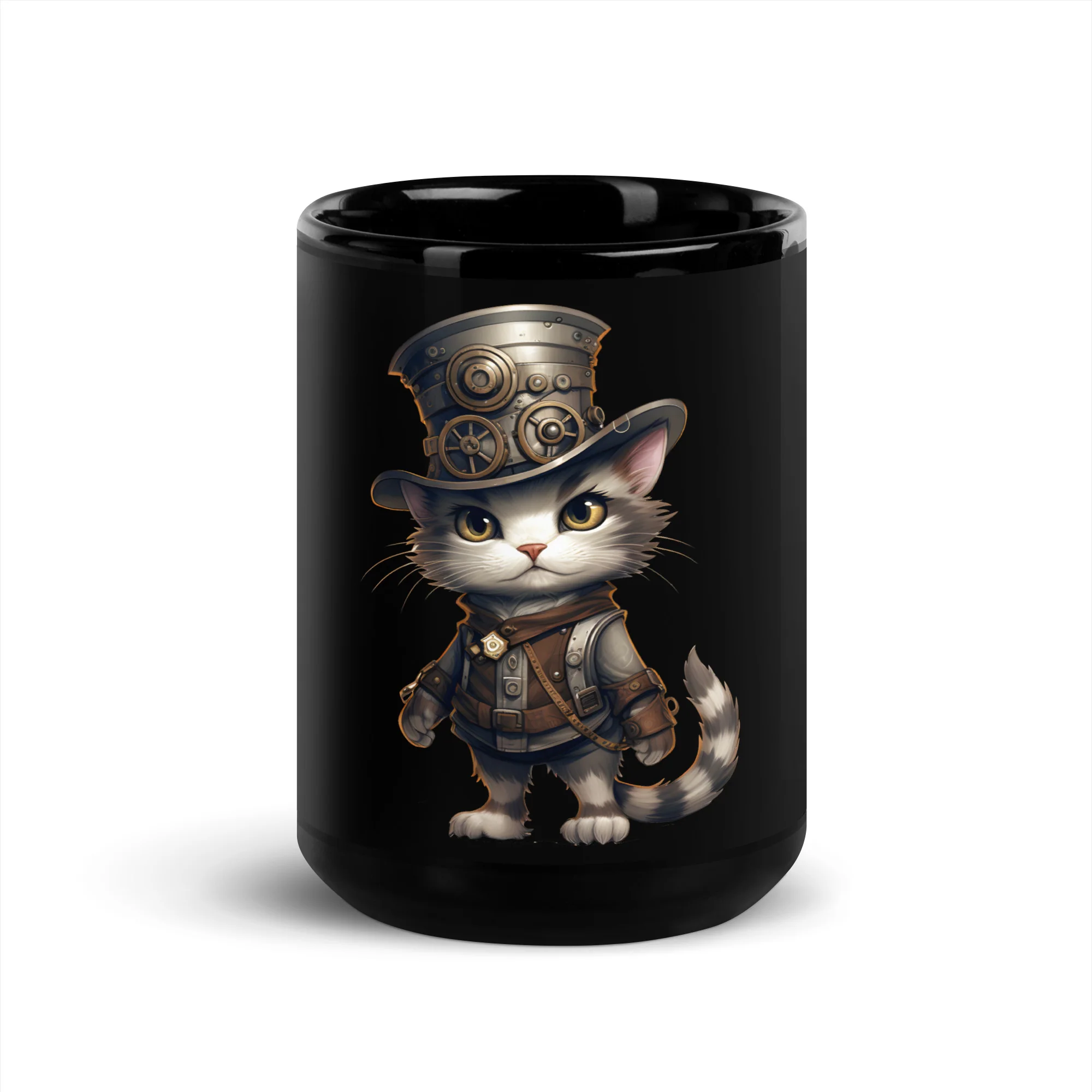 Steampunk Anime Cat Gear Up Black Mug - Image 6