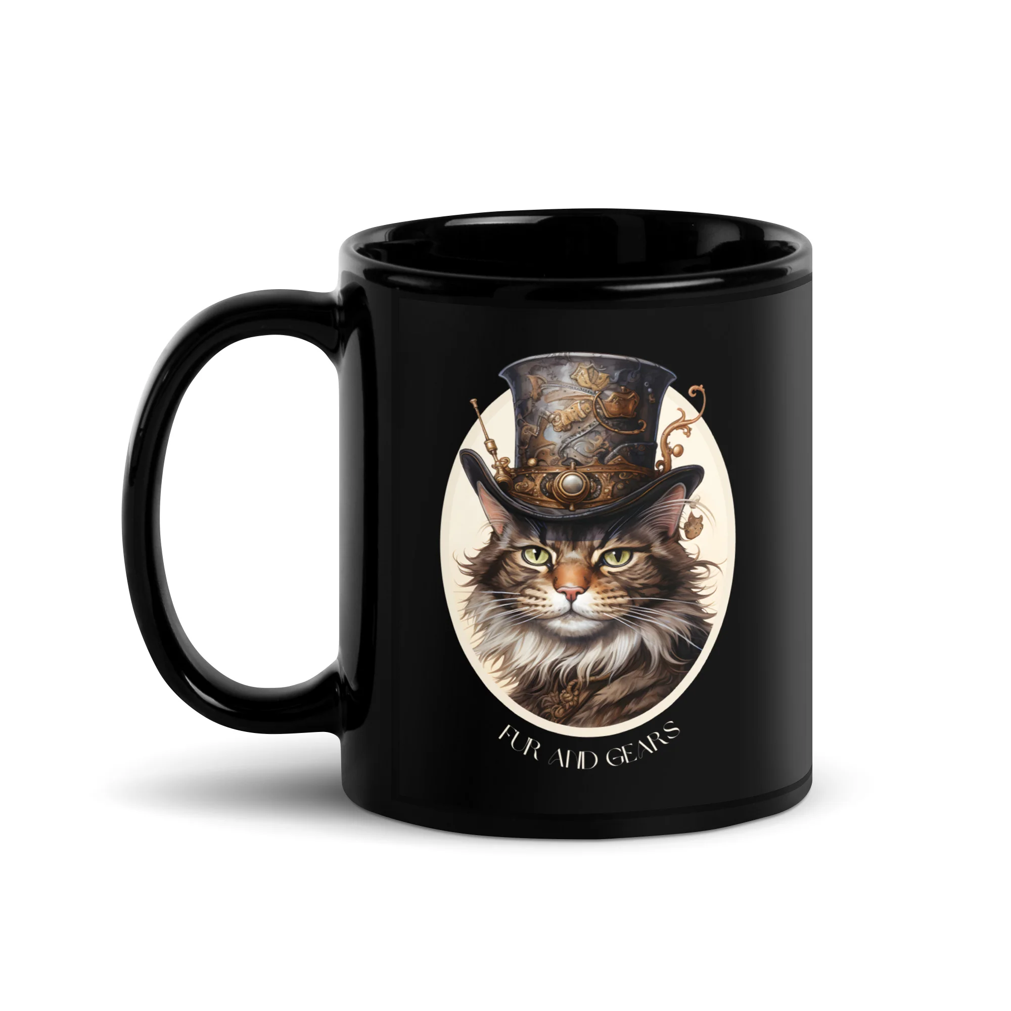 Steampunk Cat in Realism Fur and Gears Black Mug - Image 2