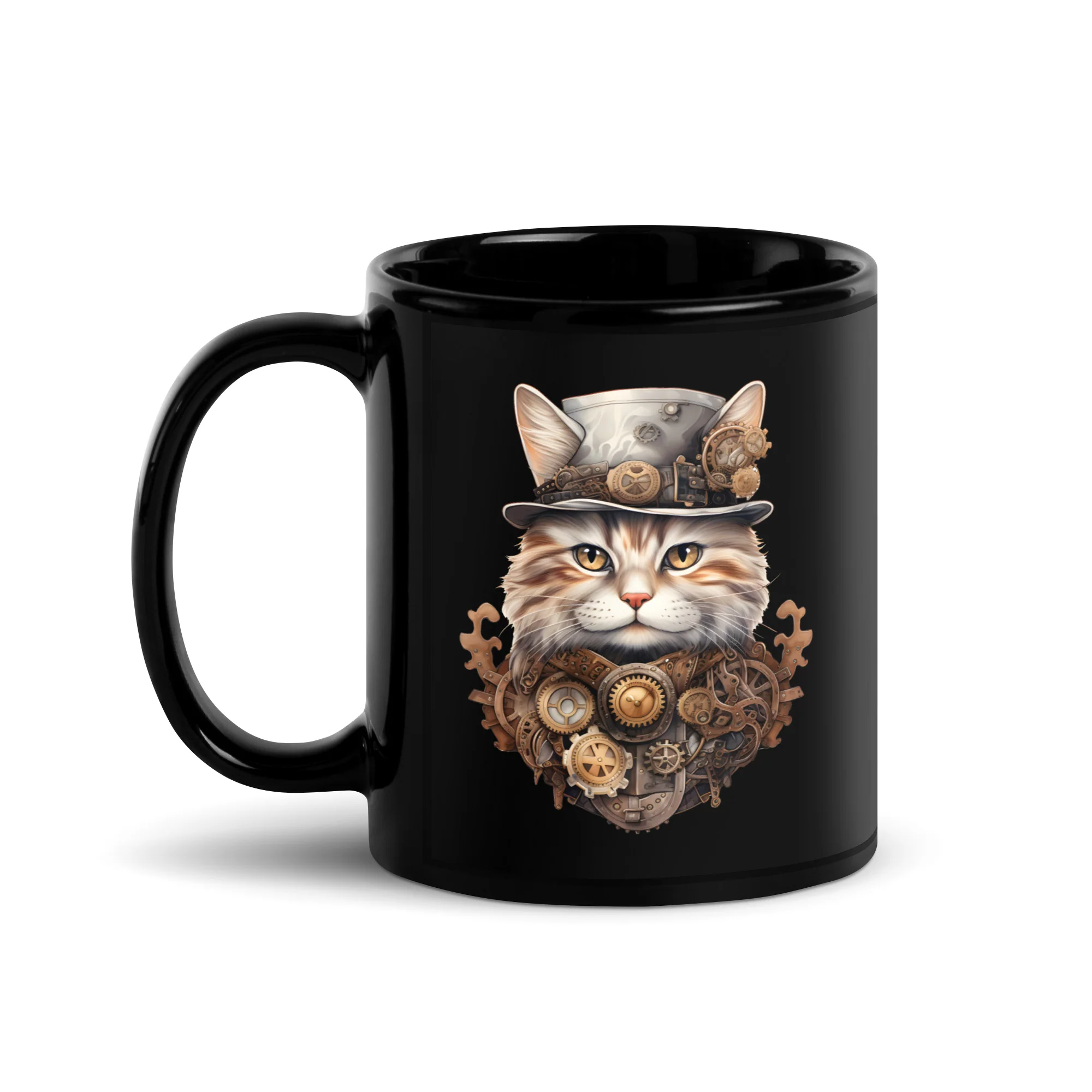 Steampunk Cat: Top Hat & Gears Black Mug - Image 2