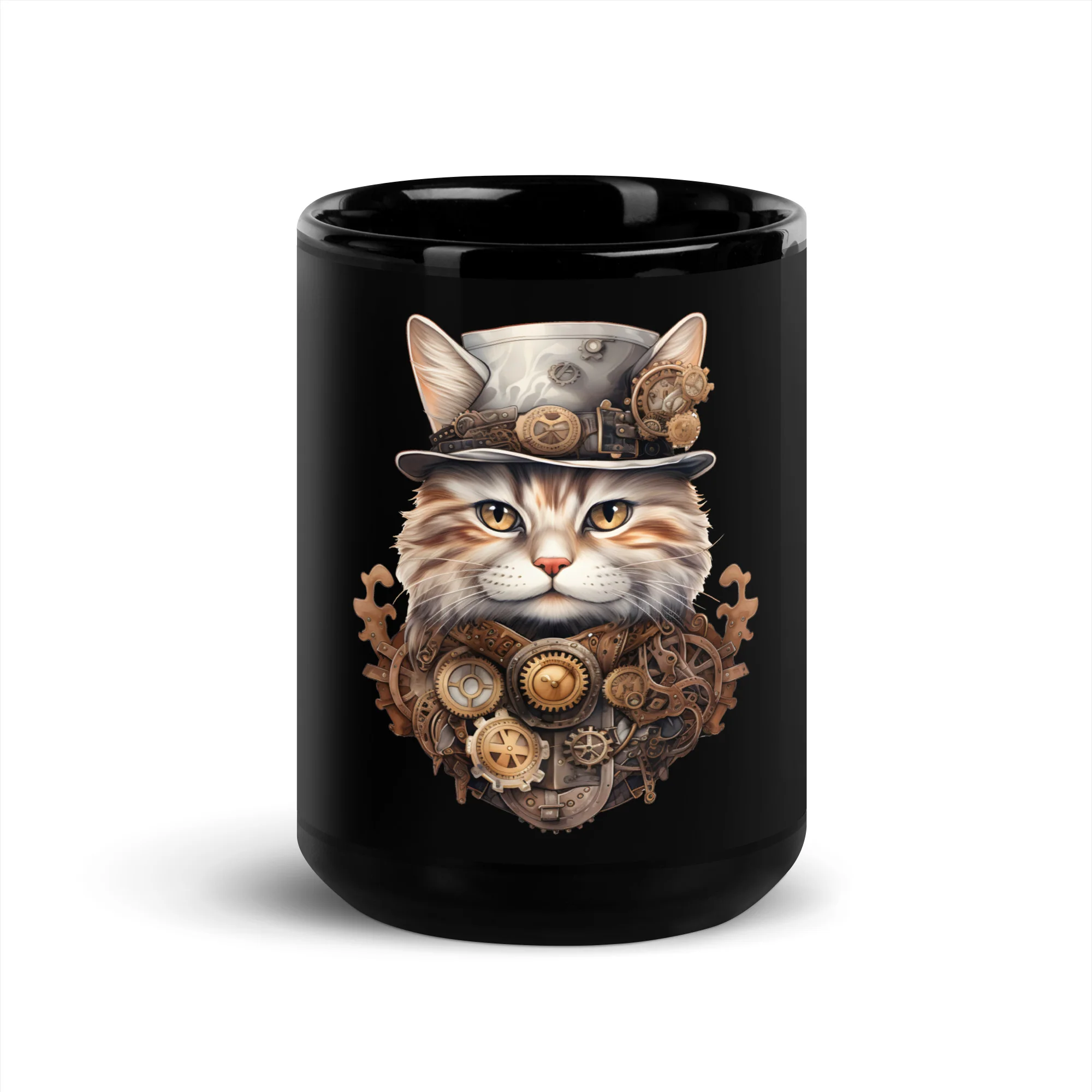 Steampunk Cat: Top Hat & Gears Black Mug - Image 6