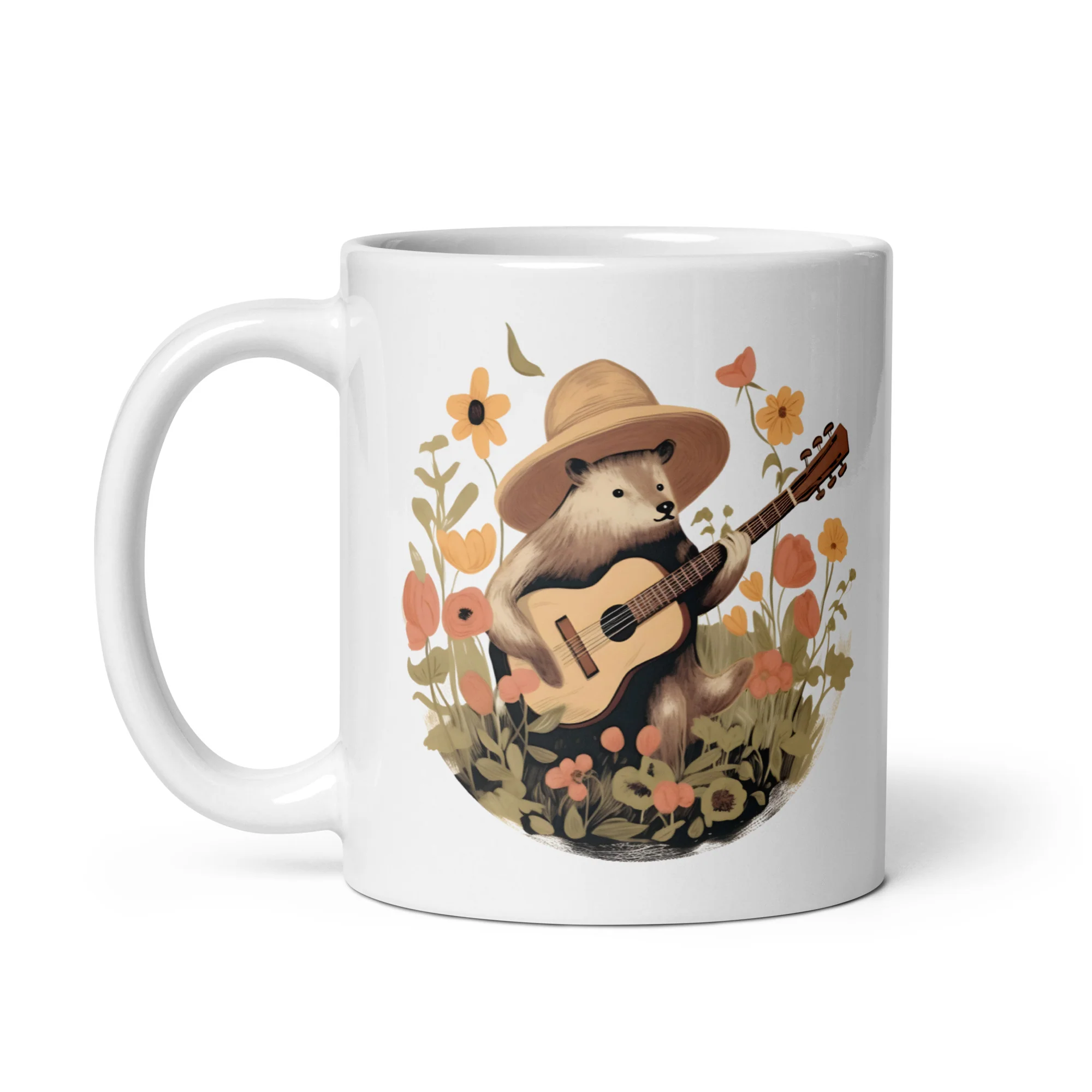 Strumming Bear in Bloom White Mug - Image 2