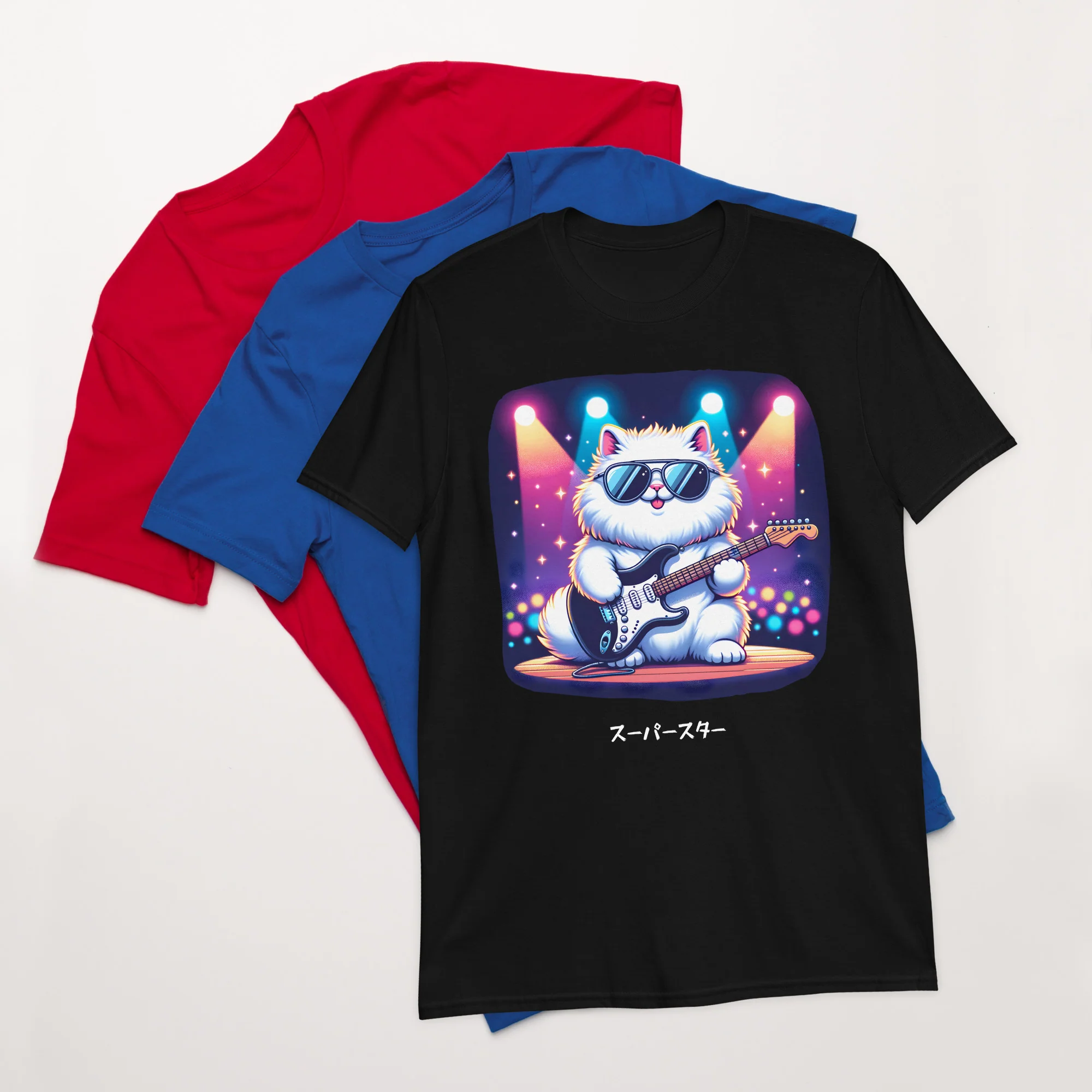 Super Star Japanese Cat Rocker on Stage T-Shirt - Image 3