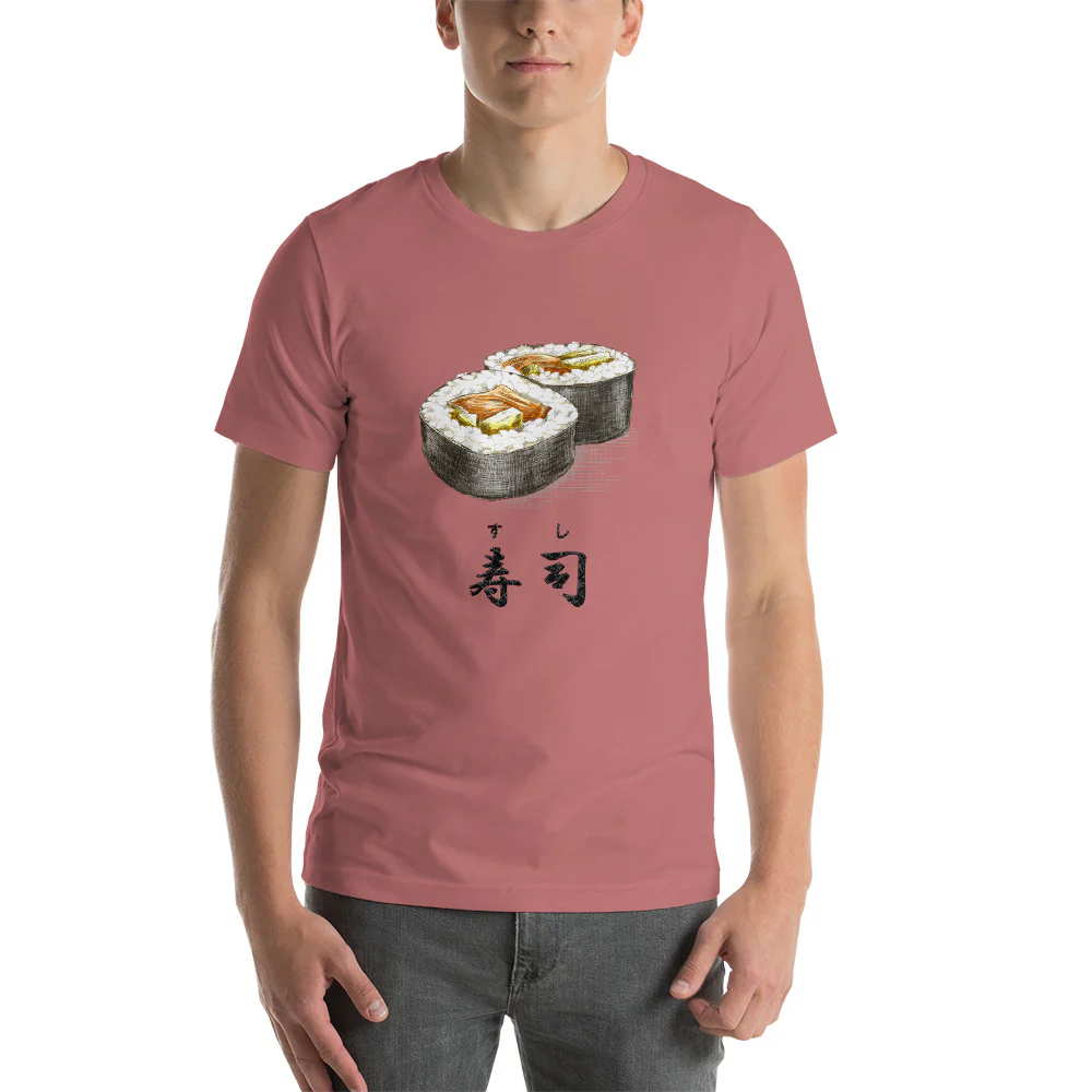 Sushi Roll with the Japanese Kanji for Sushi T-Shirt. Short-Sleeve Unisex T-Shirt - Image 10