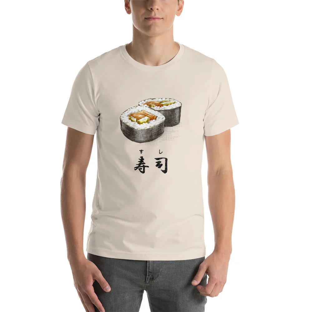 Sushi Roll with the Japanese Kanji for Sushi T-Shirt. Short-Sleeve Unisex T-Shirt - Image 11