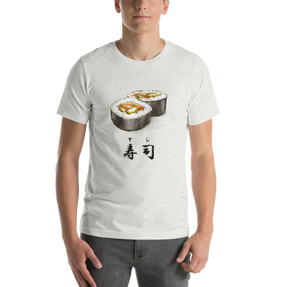 Sushi Roll with the Japanese Kanji for Sushi T-Shirt. Short-Sleeve Unisex T-Shirt - Image 12