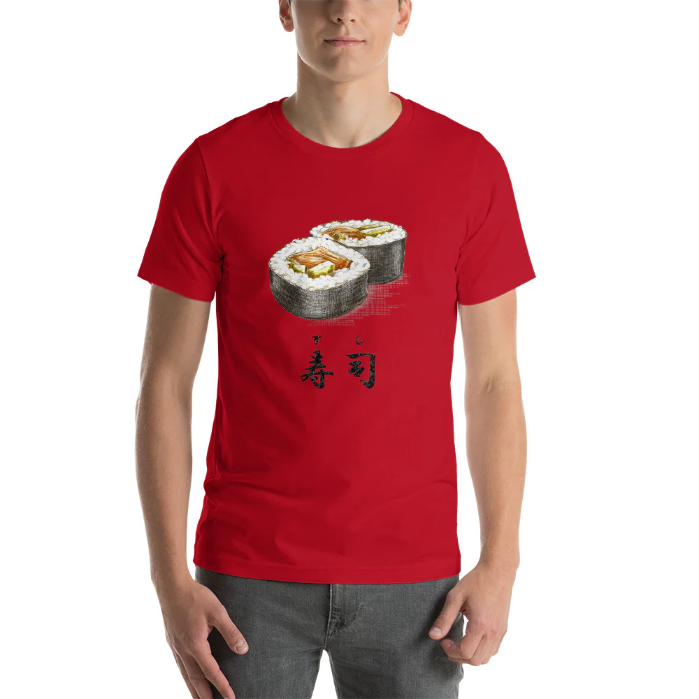 Sushi Roll with the Japanese Kanji for Sushi T-Shirt. Short-Sleeve Unisex T-Shirt - Image 14