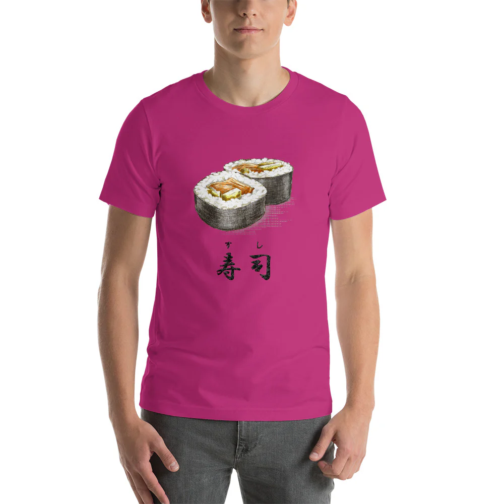 Sushi Roll with the Japanese Kanji for Sushi T-Shirt. Short-Sleeve Unisex T-Shirt - Image 15