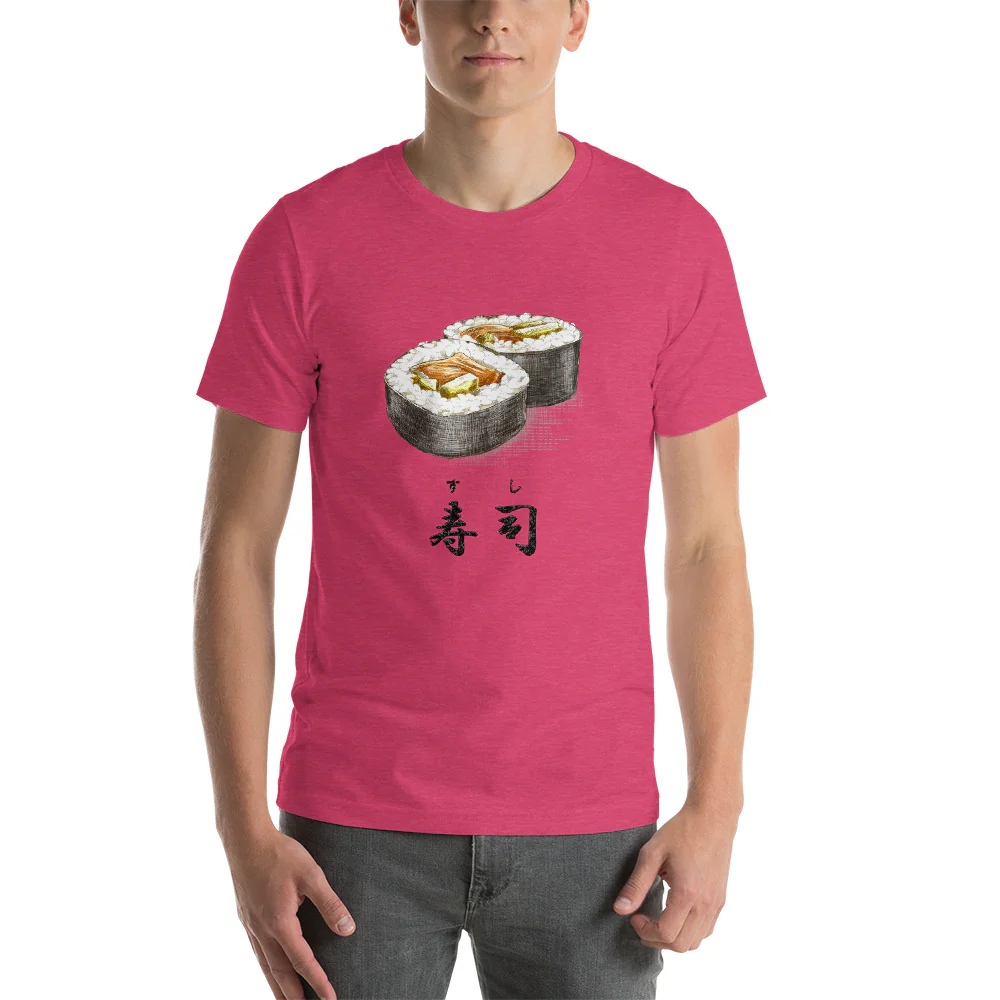 Sushi Roll with the Japanese Kanji for Sushi T-Shirt. Short-Sleeve Unisex T-Shirt - Image 16