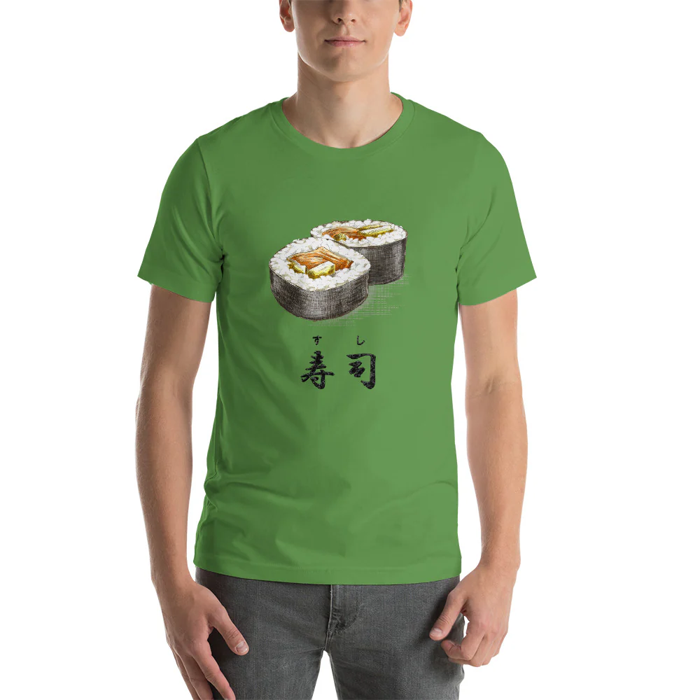Sushi Roll with the Japanese Kanji for Sushi T-Shirt. Short-Sleeve Unisex T-Shirt - Image 3