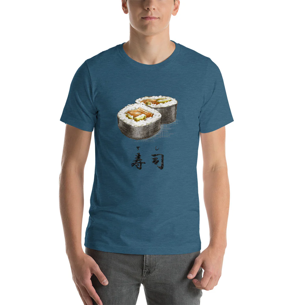 Sushi Roll with the Japanese Kanji for Sushi T-Shirt. Short-Sleeve Unisex T-Shirt - Image 4