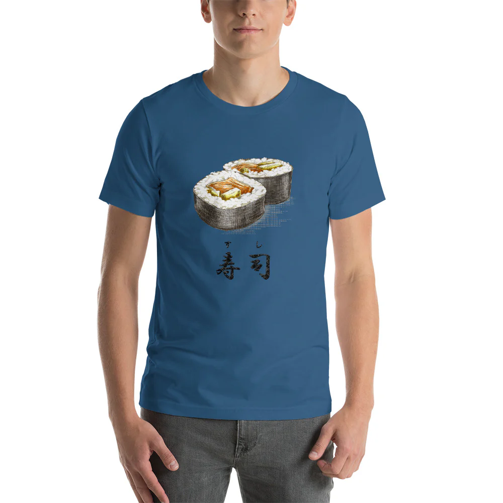 Sushi Roll with the Japanese Kanji for Sushi T-Shirt. Short-Sleeve Unisex T-Shirt - Image 5