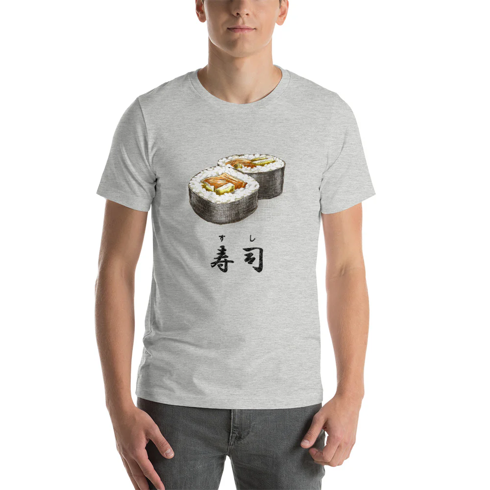 Sushi Roll with the Japanese Kanji for Sushi T-Shirt. Short-Sleeve Unisex T-Shirt - Image 7