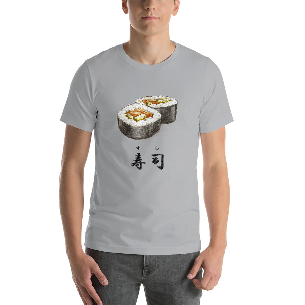 Sushi Roll with the Japanese Kanji for Sushi T-Shirt. Short-Sleeve Unisex T-Shirt - Image 8