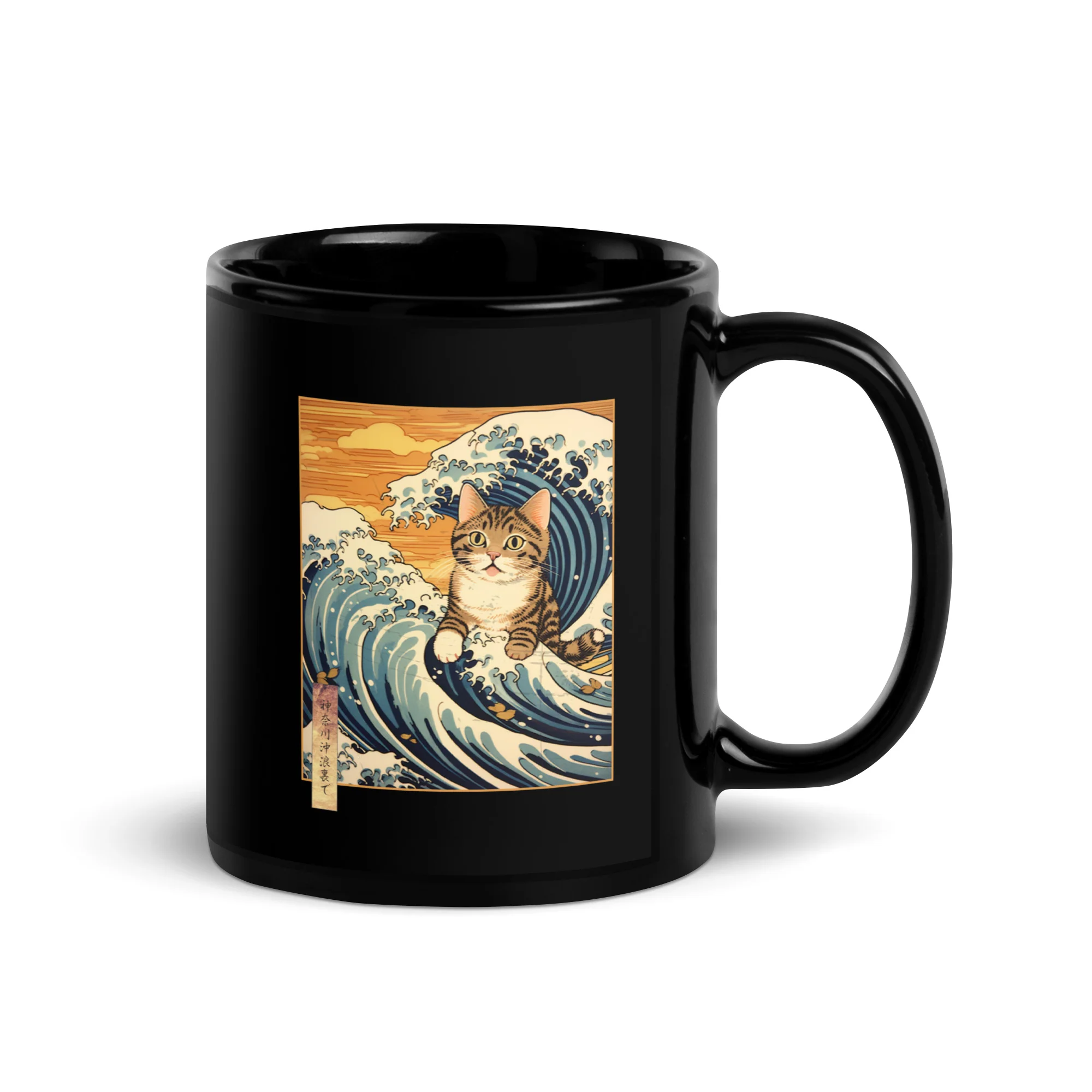 Ukiyo-e Cat Off the Coast of Kanagawa Black Mug