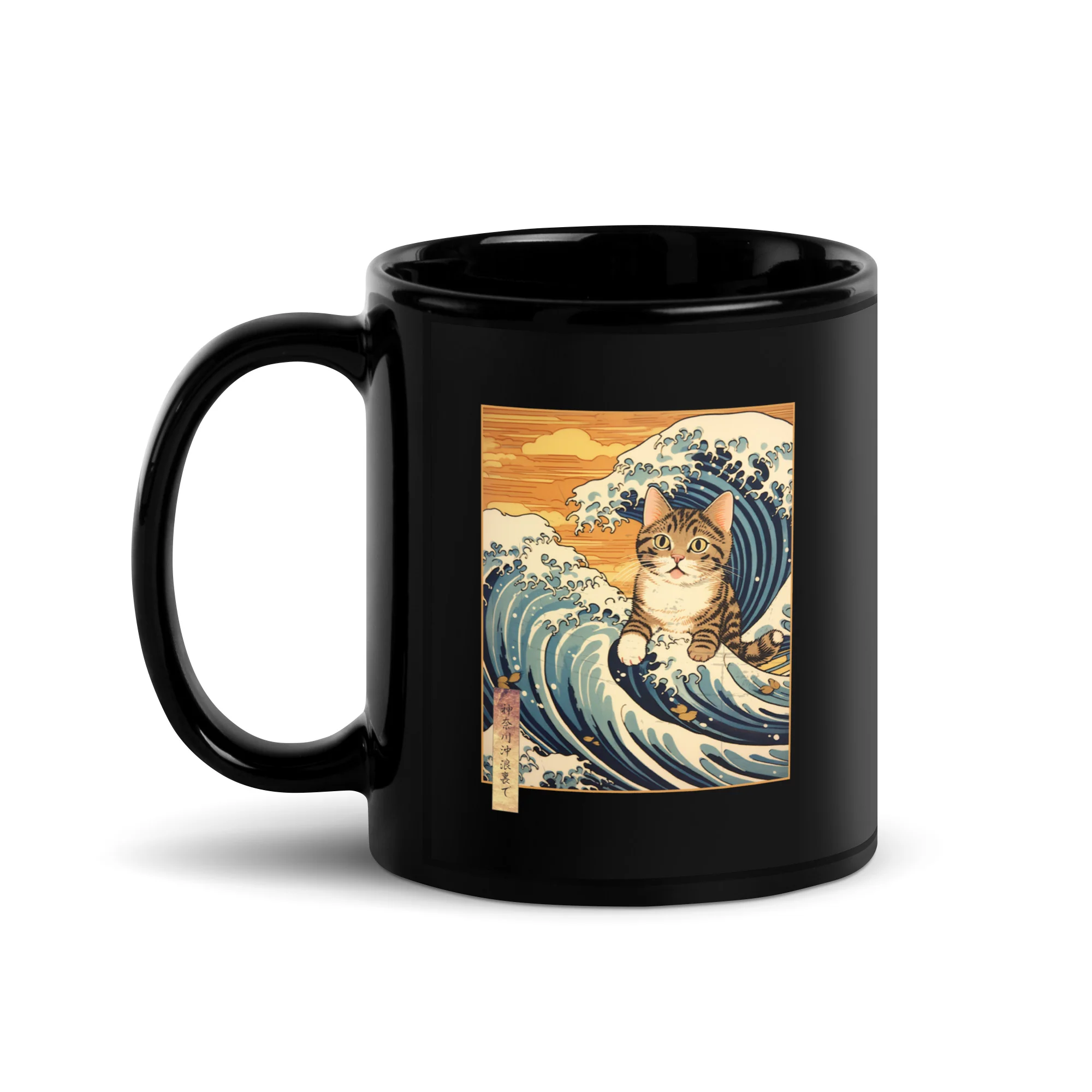 Ukiyo-e Cat Off the Coast of Kanagawa Black Mug - Image 2