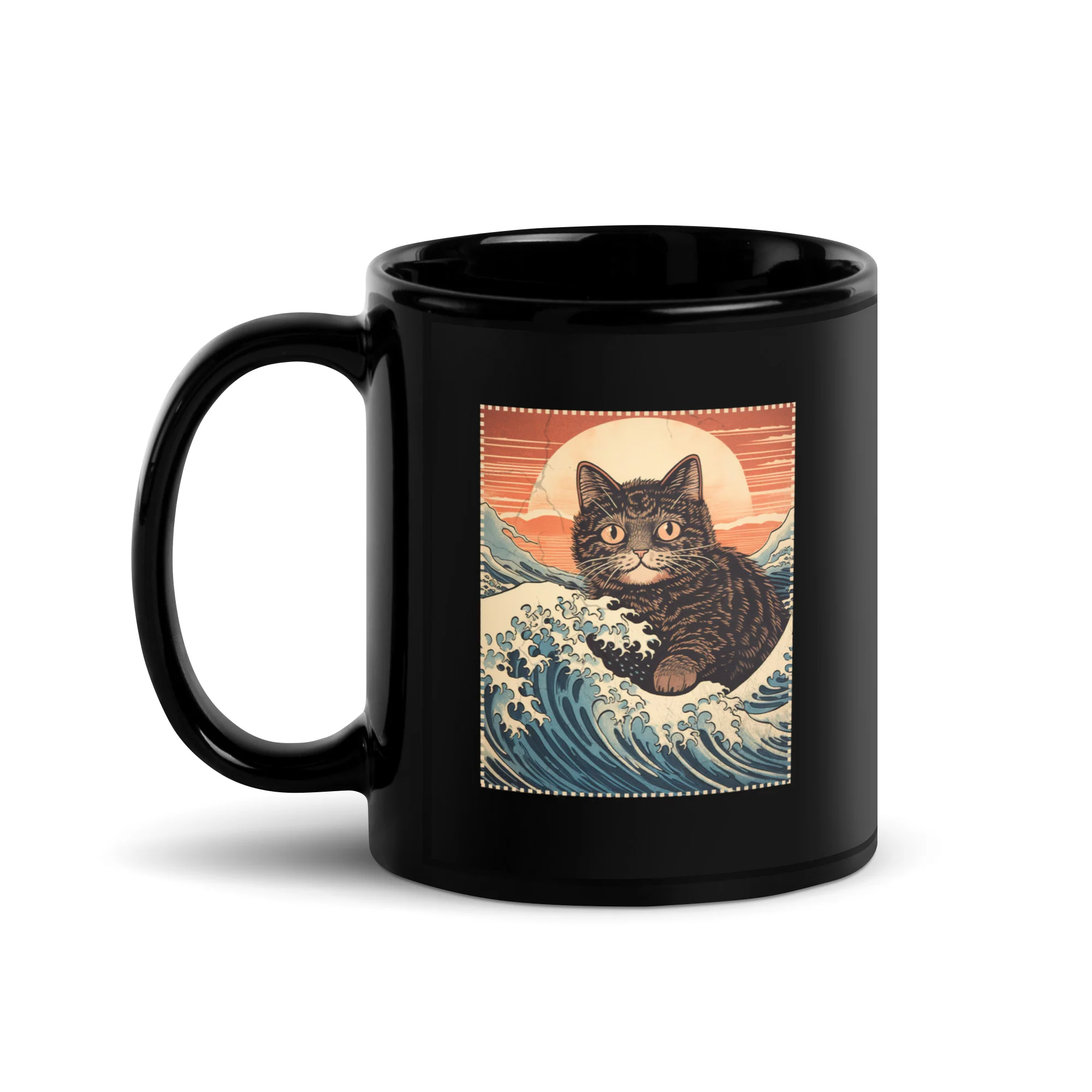 Ukiyo-e Cat Rides the Wave Black Mug - Image 2