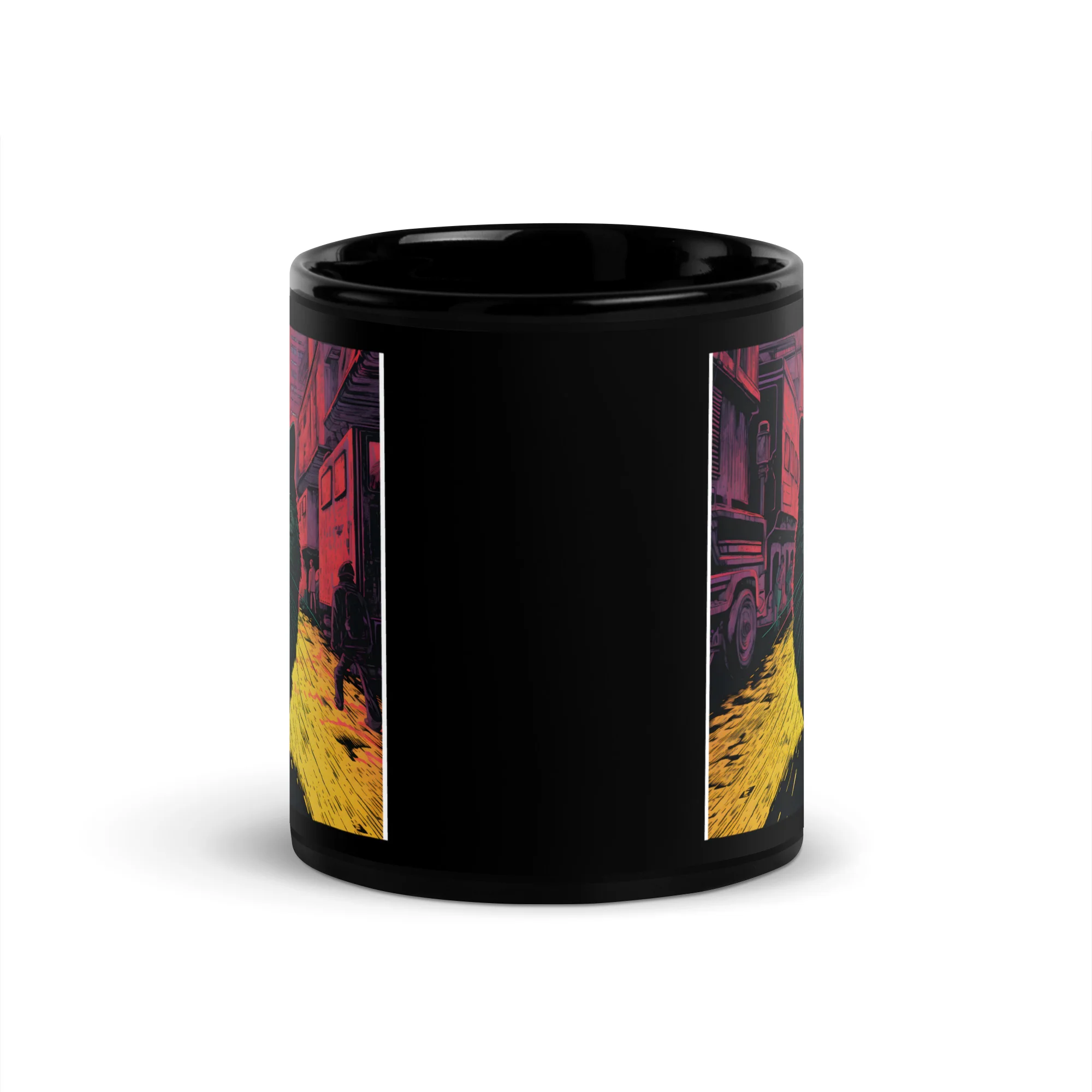 Urban Feline: Giant Cat in Cityscape Black Mug - Image 3