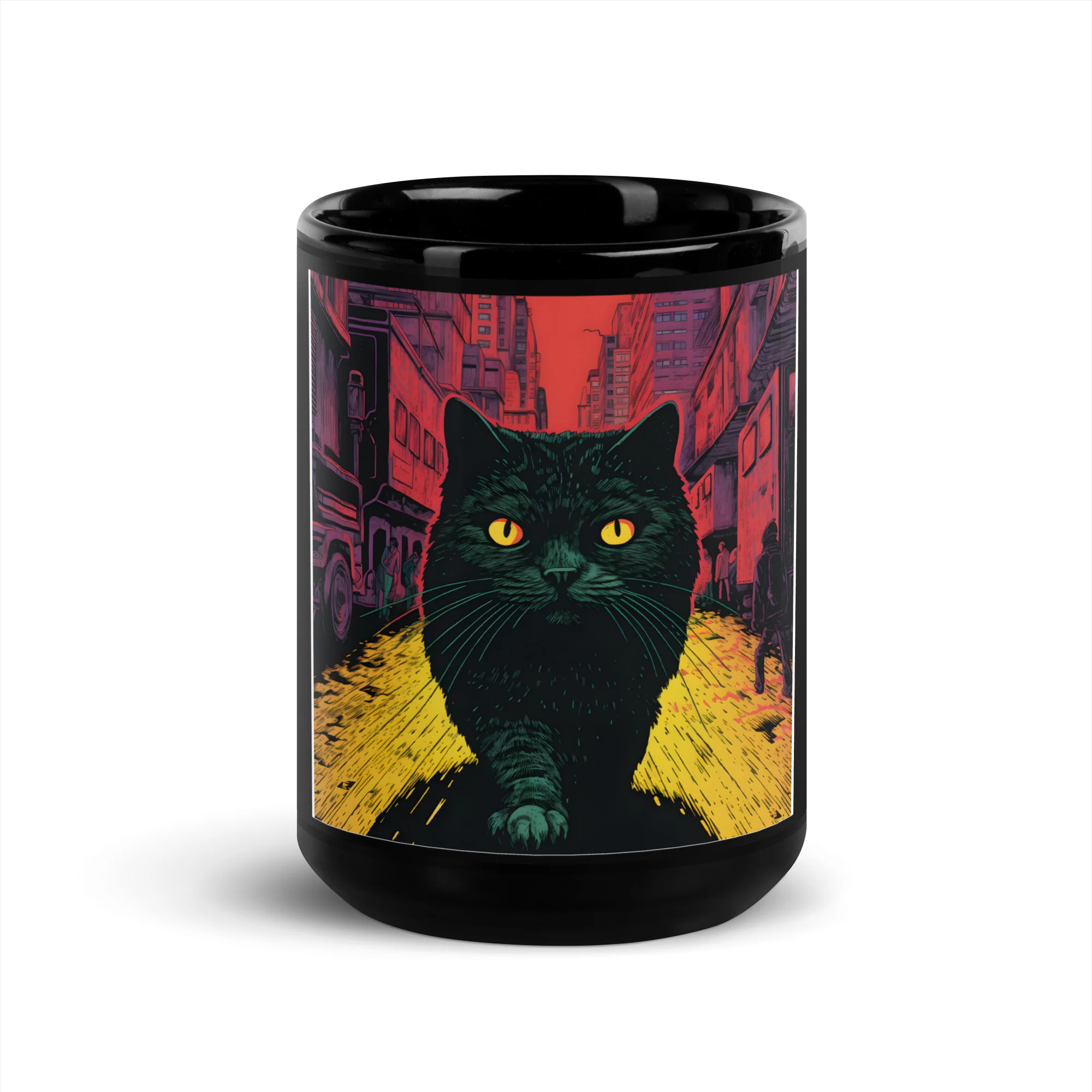 Urban Feline: Giant Cat in Cityscape Black Mug - Image 6